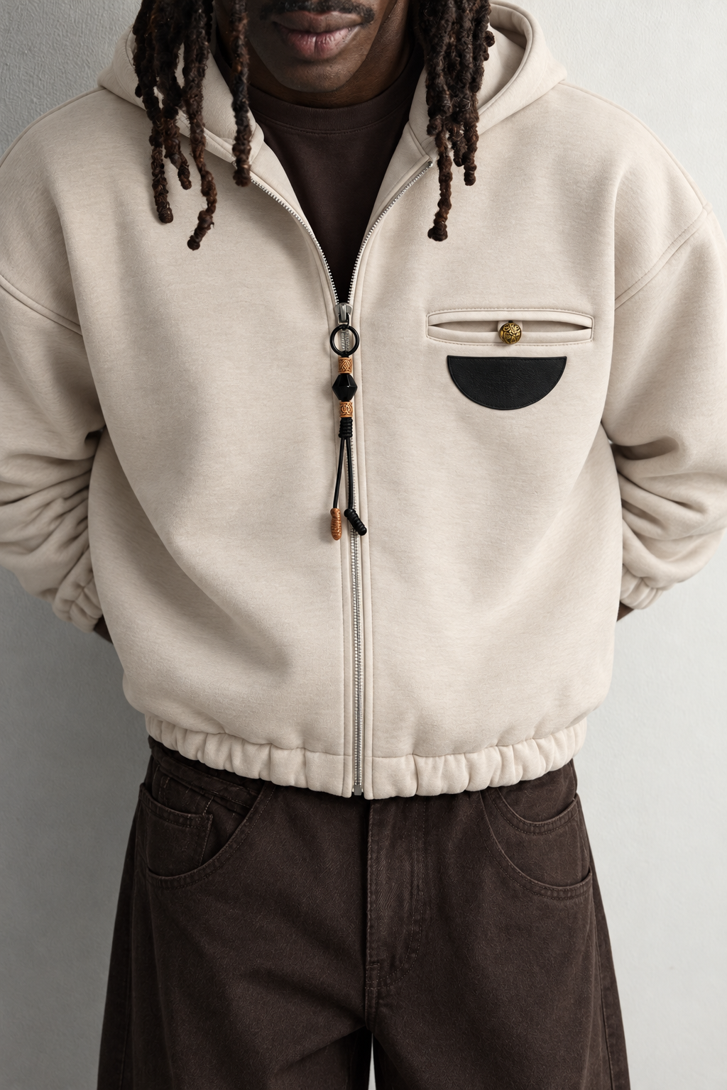 Erkek Deri Cep Detaylı Fermuarlı Şardonlu Kapüşonlu Oversize Sweatshirt