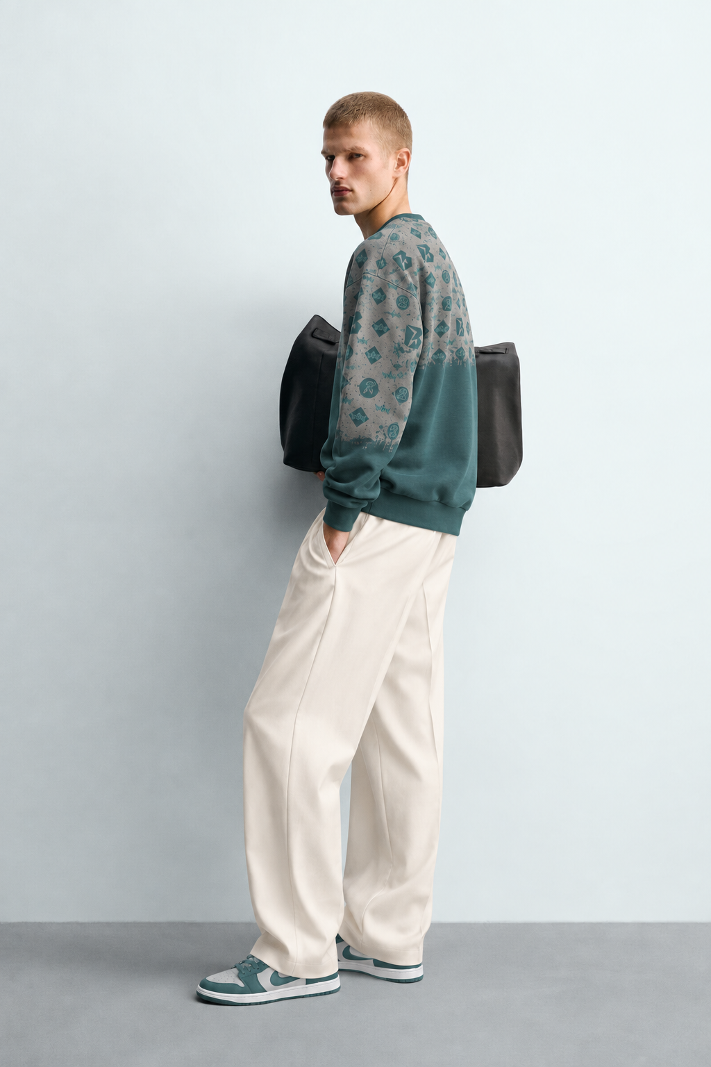 Erkek Geometrik Desen Baskılı Bisiklet Yaka Oversize Sweatshirt