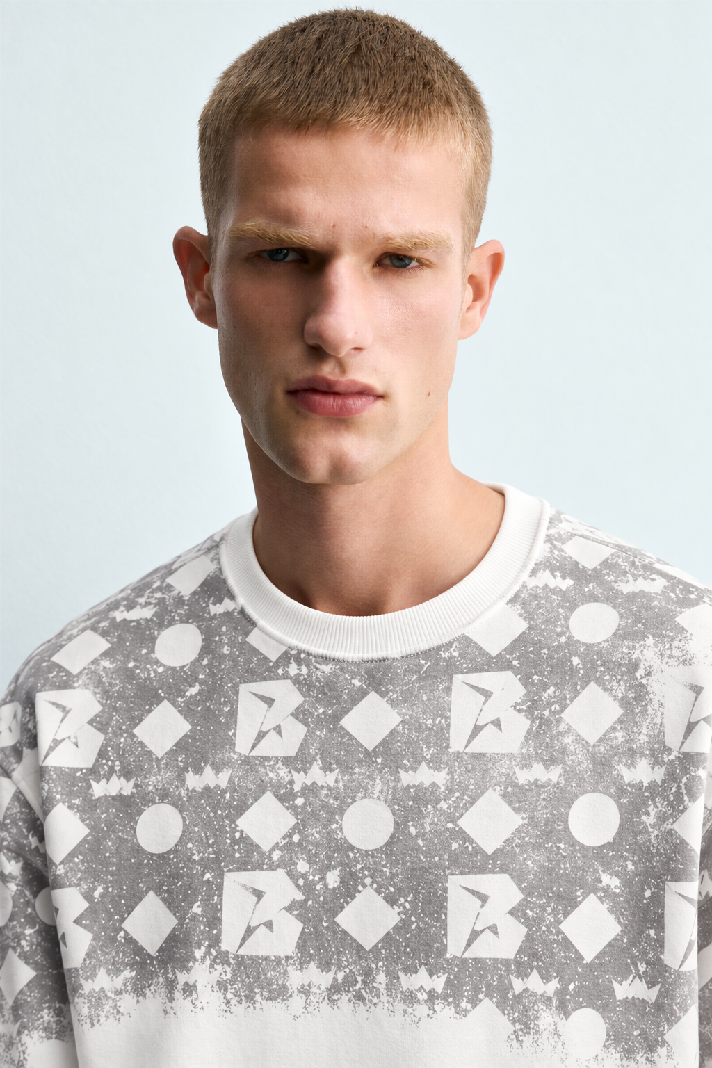 Erkek Geometrik Desen Baskılı Bisiklet Yaka Oversize Sweatshirt