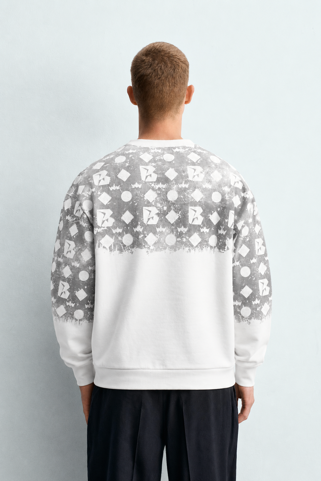 Erkek Geometrik Desen Baskılı Bisiklet Yaka Oversize Sweatshirt