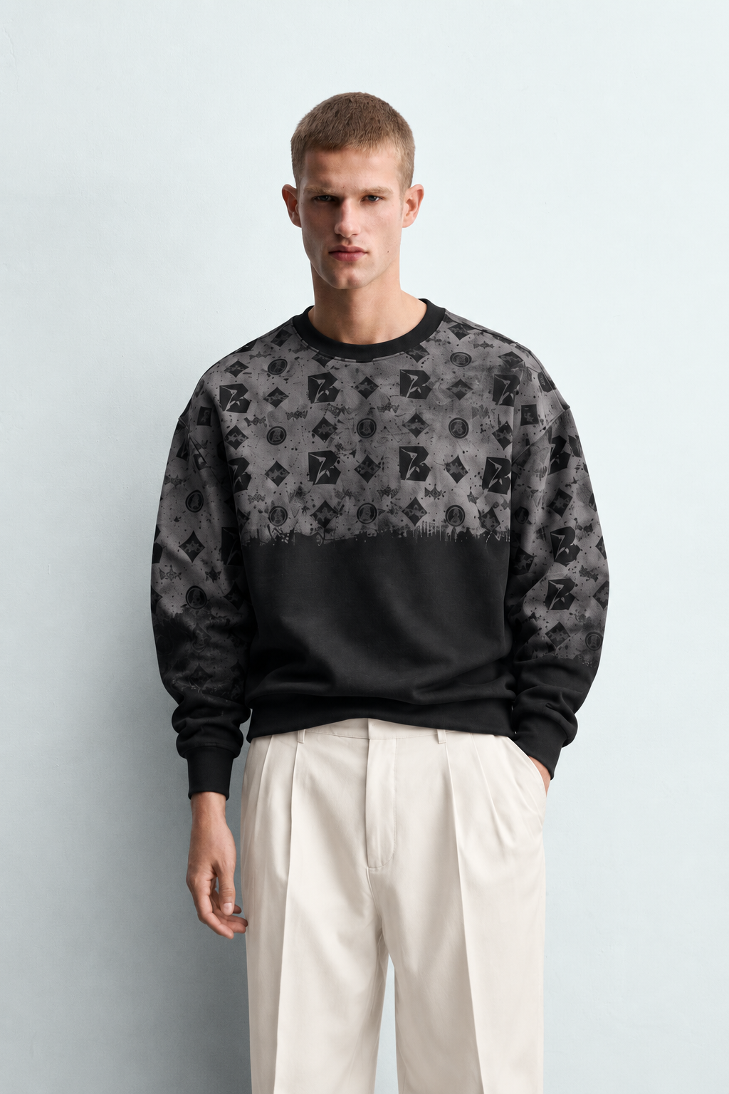 Erkek Geometrik Desen Baskılı Bisiklet Yaka Oversize Sweatshirt