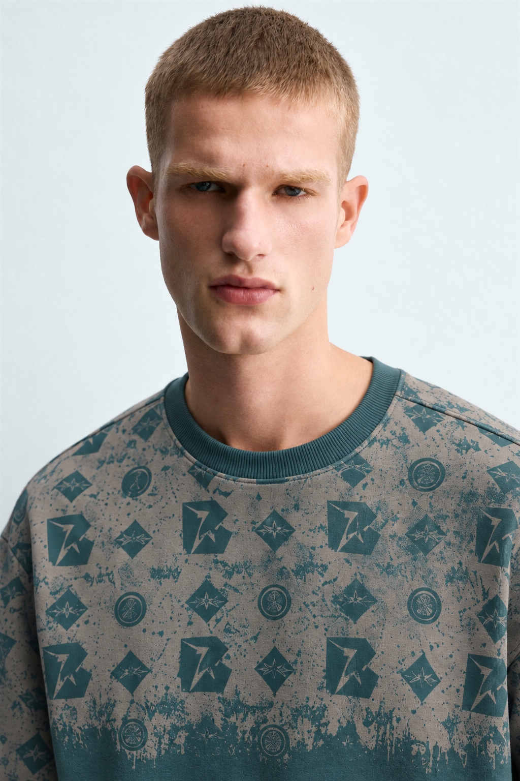 Erkek Geometrik Desen Baskılı Bisiklet Yaka Oversize Sweatshirt