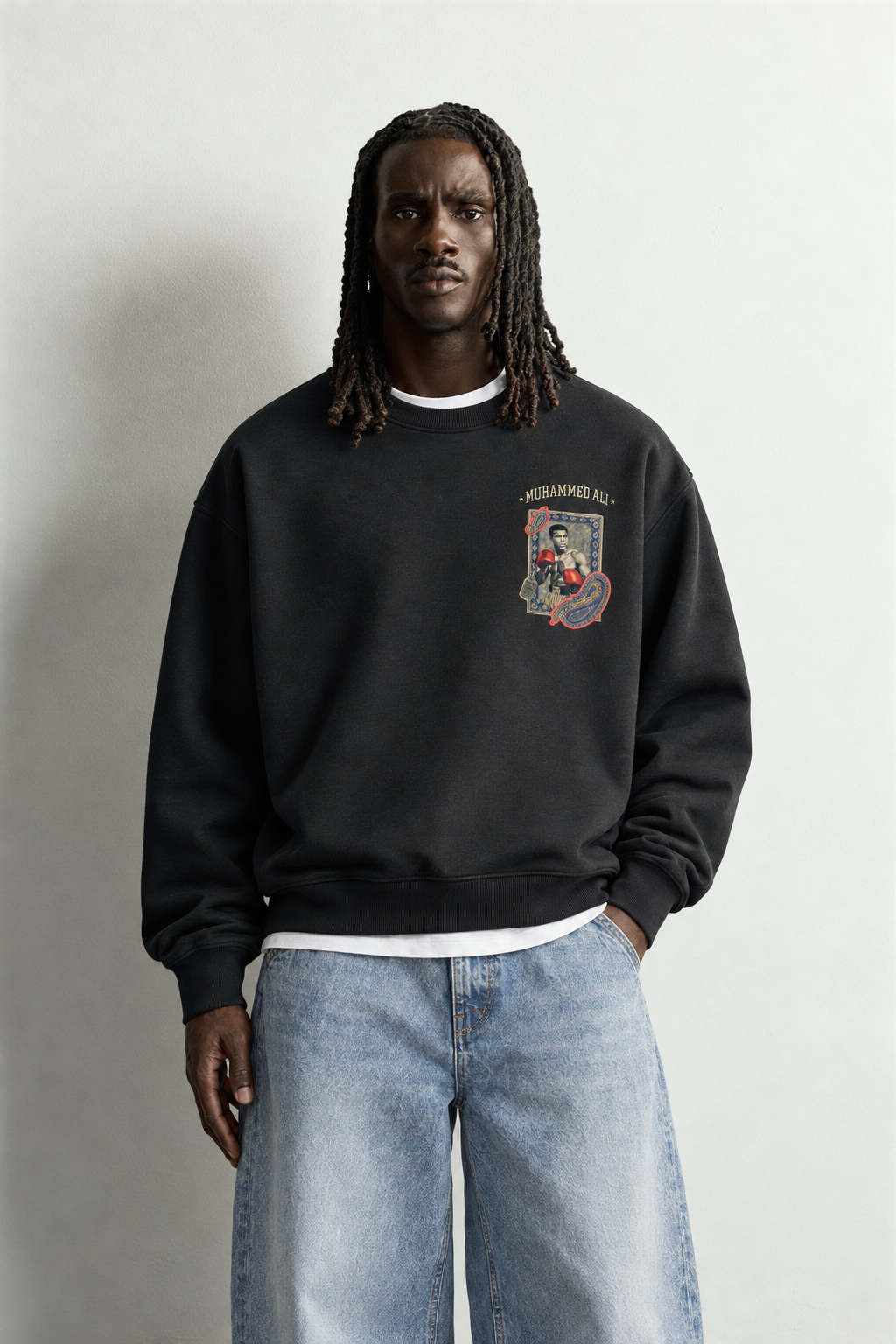 Erkek İçi Şardonlu Muhammed Ali Patch Baskılı Oversize Sweatshirt