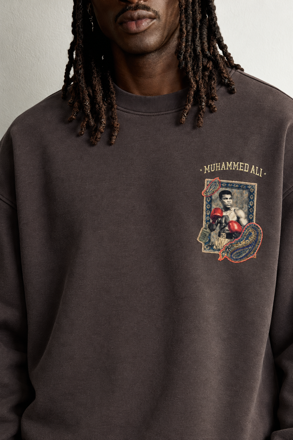 Erkek İçi Şardonlu Muhammed Ali Patch Baskılı Oversize Sweatshirt