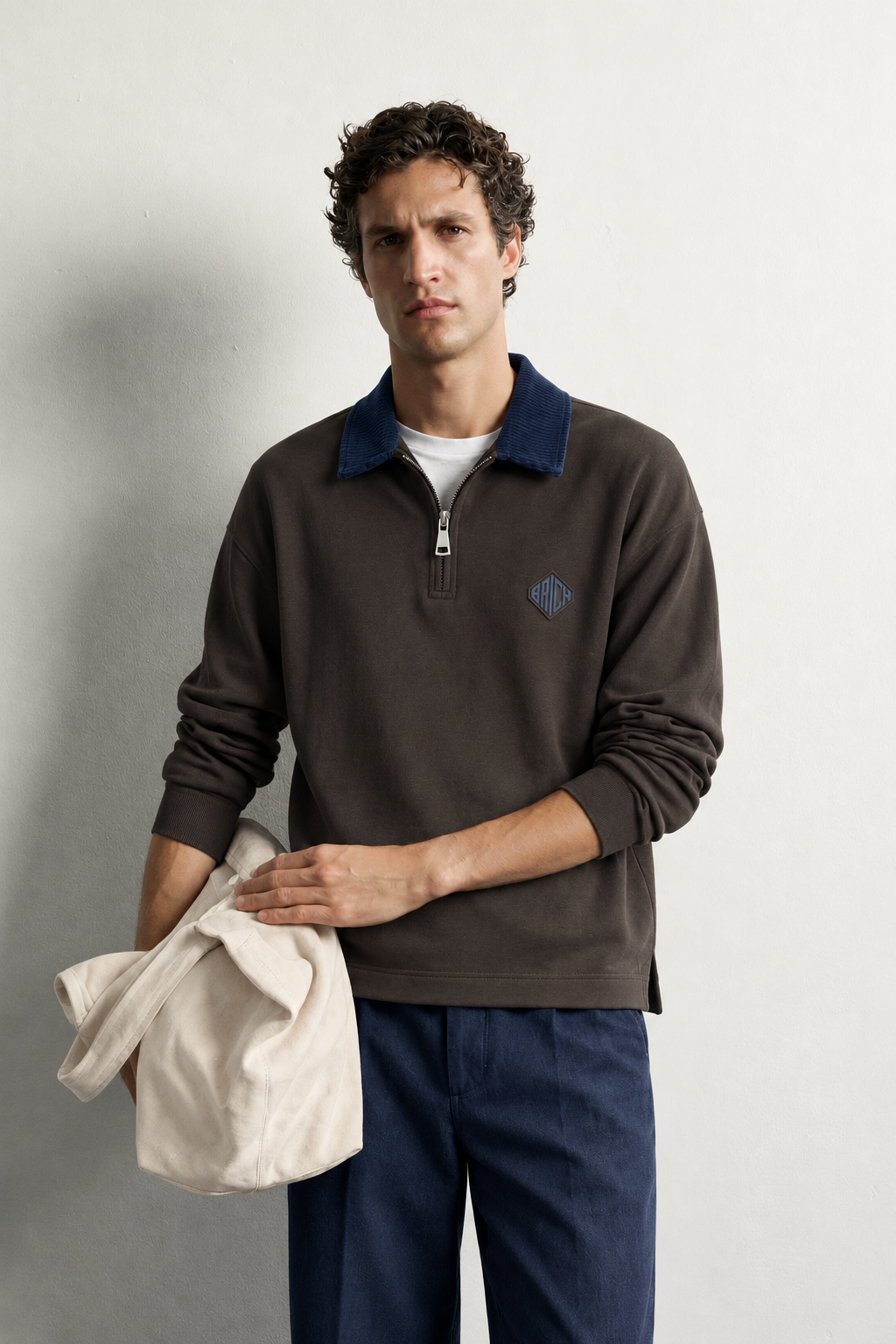 Erkek Kadife Yaka Fermuarlı Oversize Sweatshirt