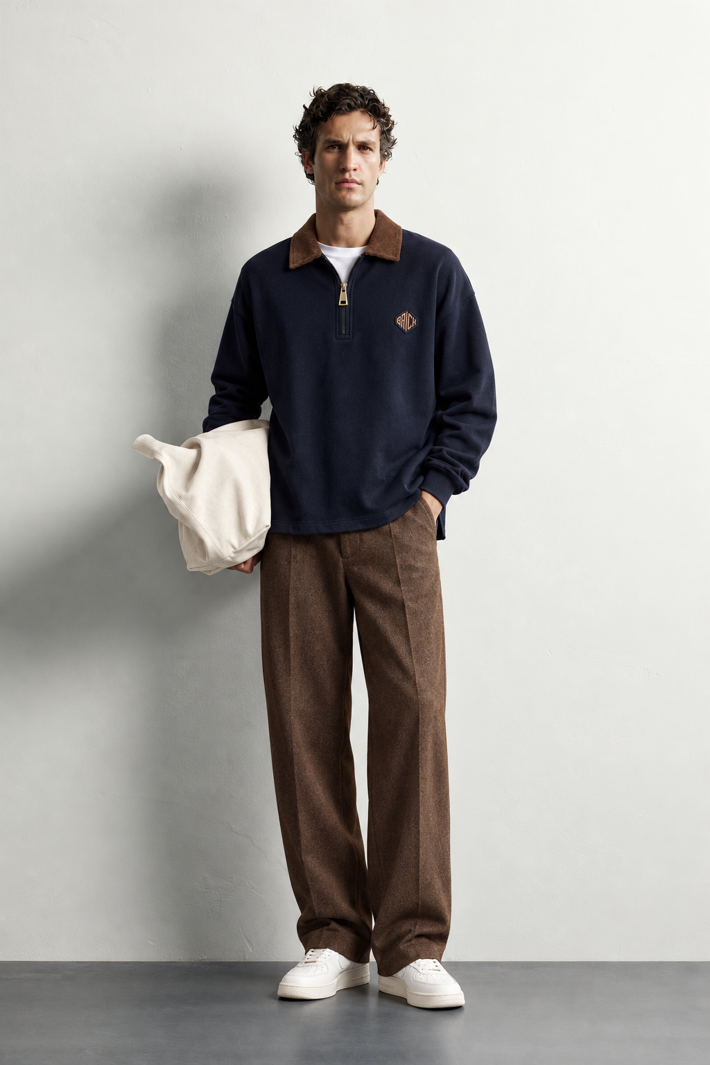Erkek Kadife Yaka Fermuarlı Oversize Sweatshirt