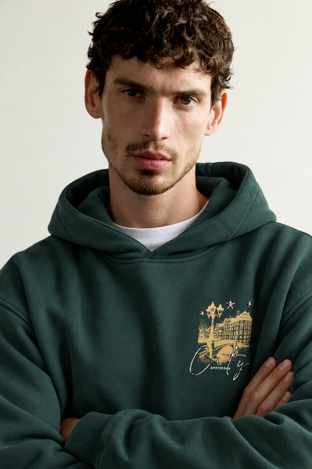 Erkek Kanguru Cepli Amsterdam Baskılı Şardonlu Kapüşonlu Oversize Sweatshirt