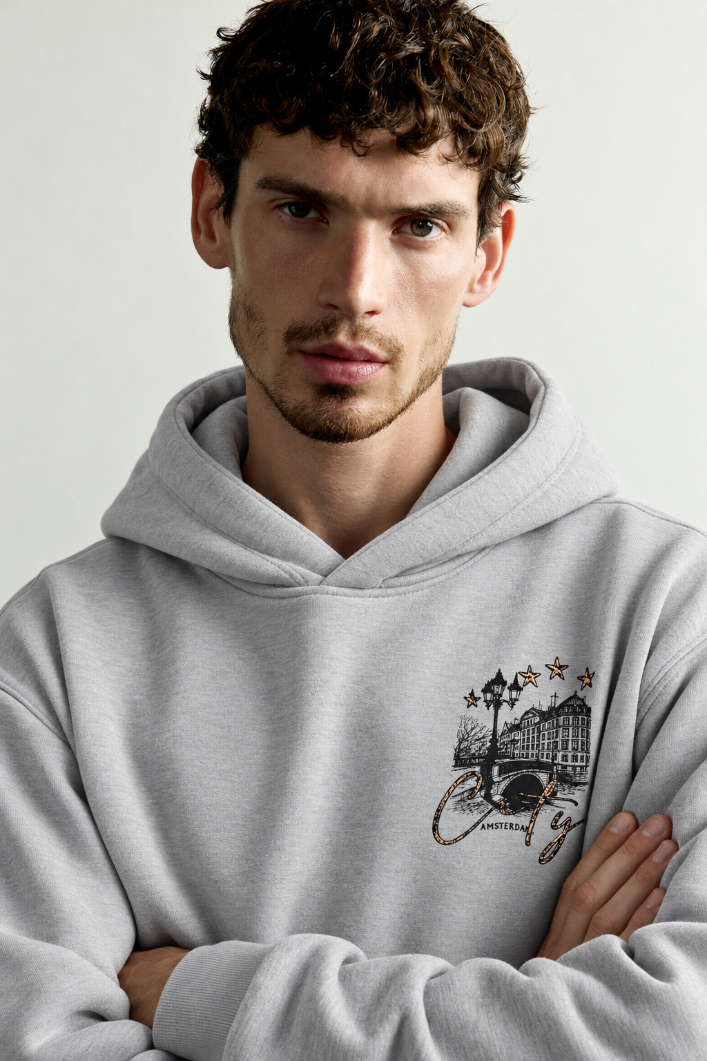 Erkek Kanguru Cepli Amsterdam Baskılı Şardonlu Kapüşonlu Oversize Sweatshirt