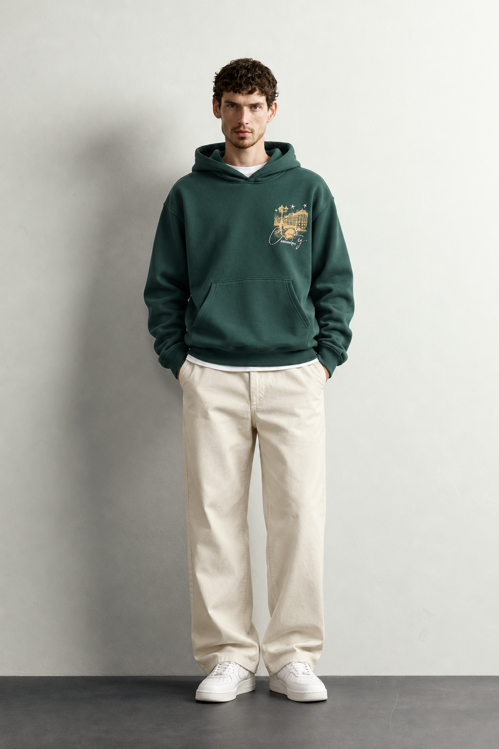 Erkek Kanguru Cepli Amsterdam Baskılı Şardonlu Kapüşonlu Oversize Sweatshirt