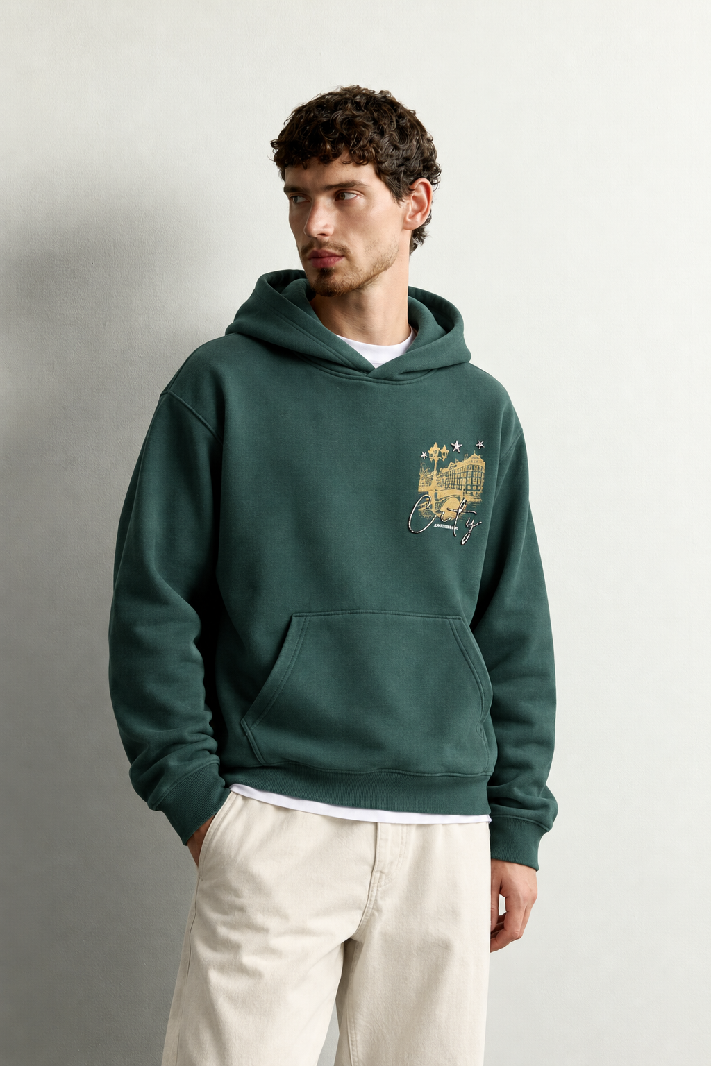 Erkek Kanguru Cepli Amsterdam Baskılı Şardonlu Kapüşonlu Oversize Sweatshirt