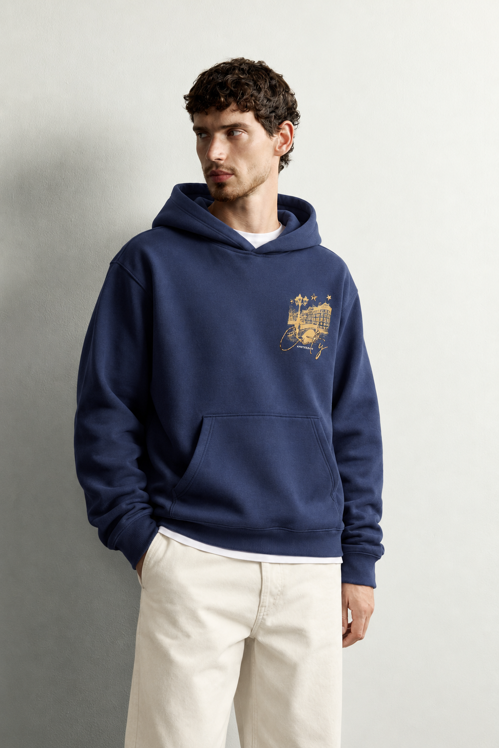 Erkek Kanguru Cepli Amsterdam Baskılı Şardonlu Kapüşonlu Oversize Sweatshirt