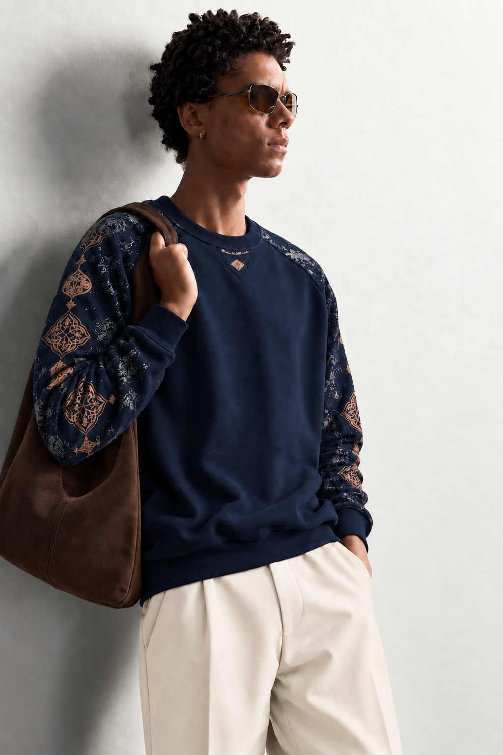 Erkek Kolu Etnik Desen Baskılı Bisiklet Yaka Oversize Sweatshirt
