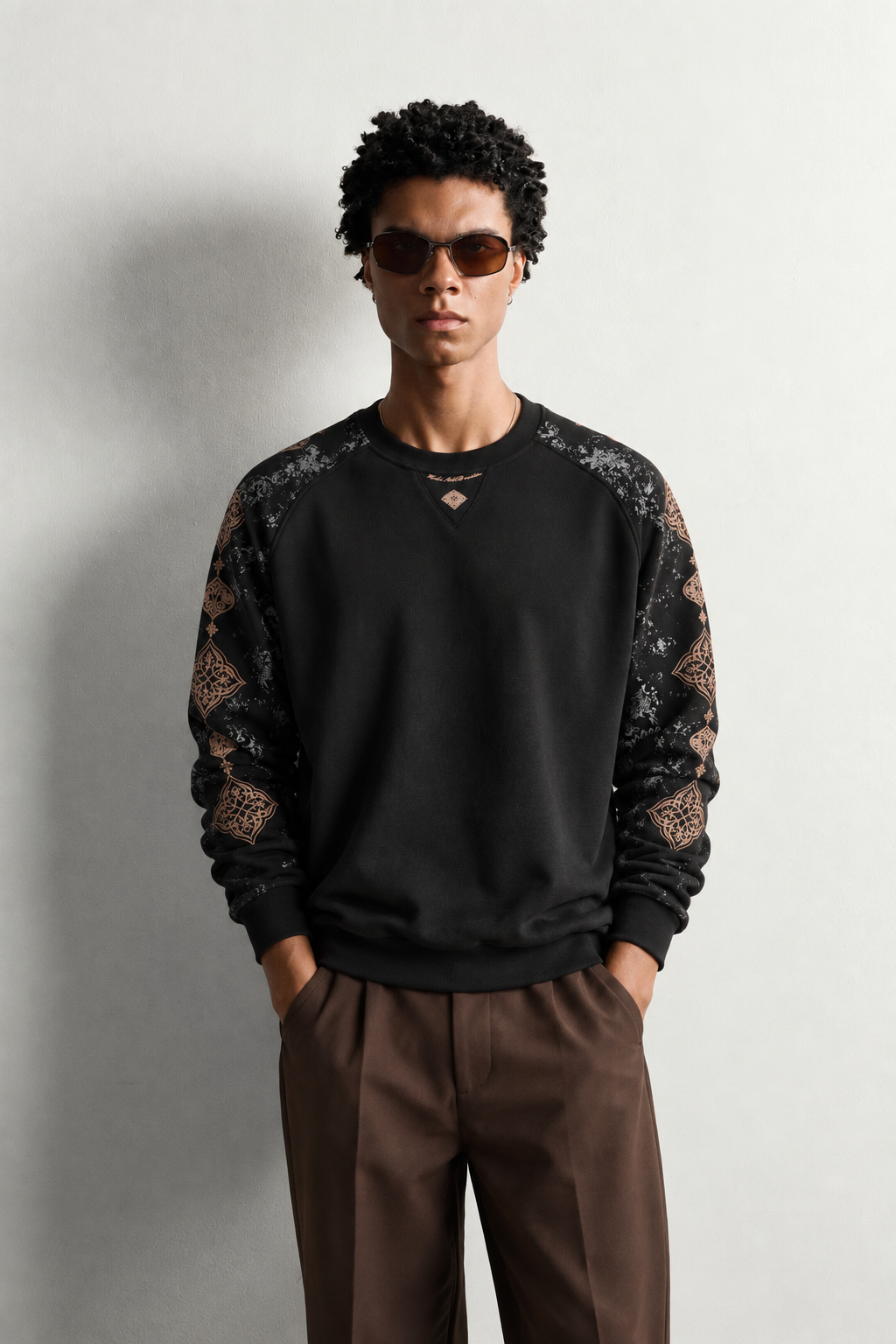 Erkek Kolu Etnik Desen Baskılı Bisiklet Yaka Oversize Sweatshirt