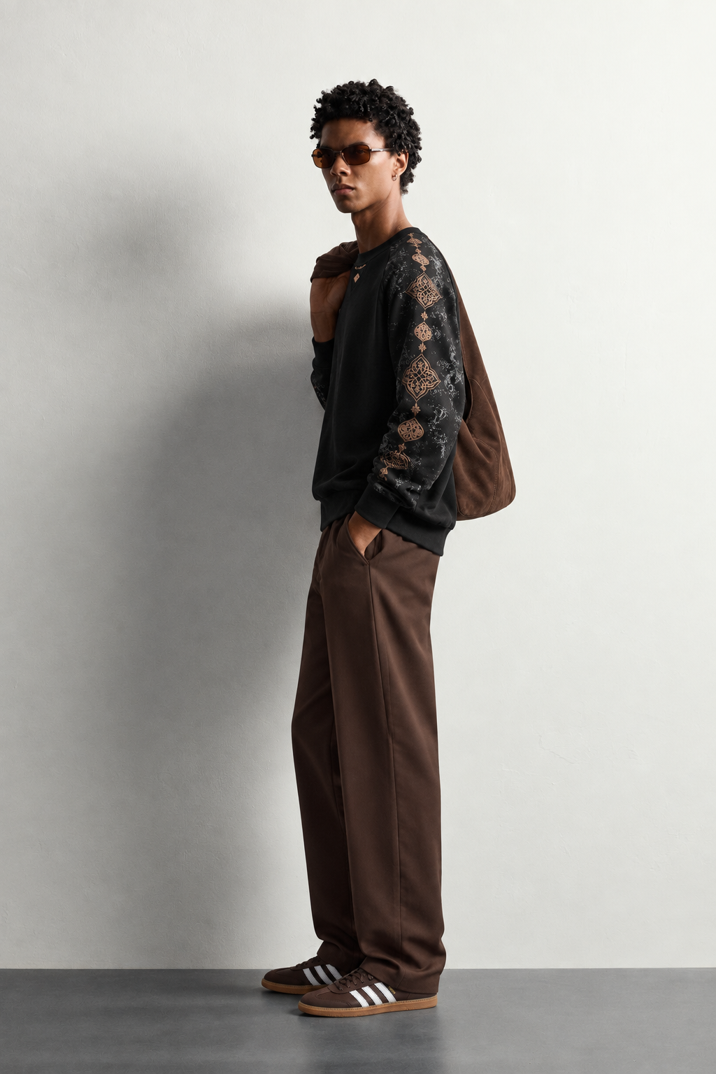 Erkek Kolu Etnik Desen Baskılı Bisiklet Yaka Oversize Sweatshirt