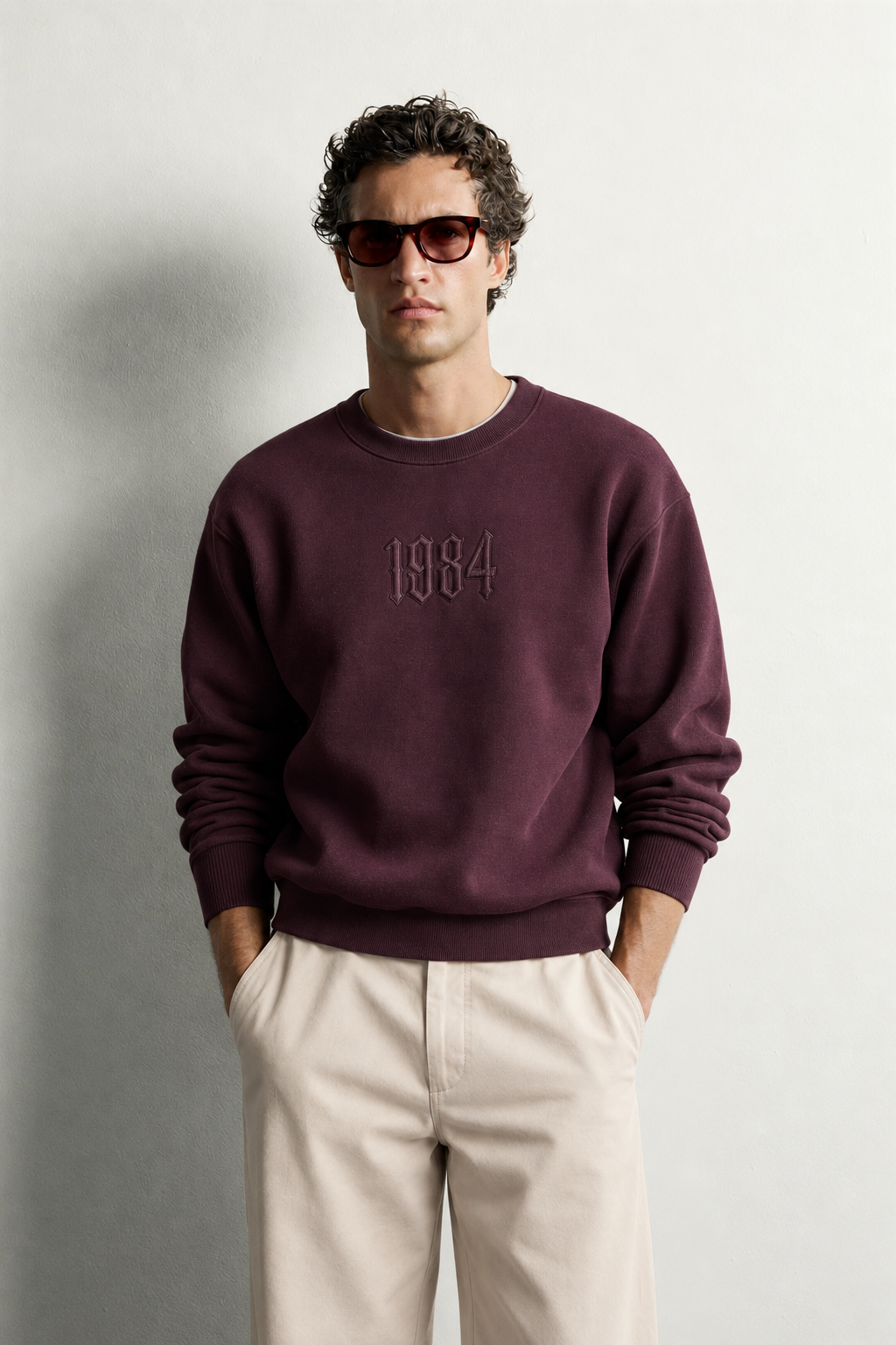 Erkek Ön ve Sırt Kabartma Nakış Detaylı Bisiklet Yaka Oversize Sweatshirt