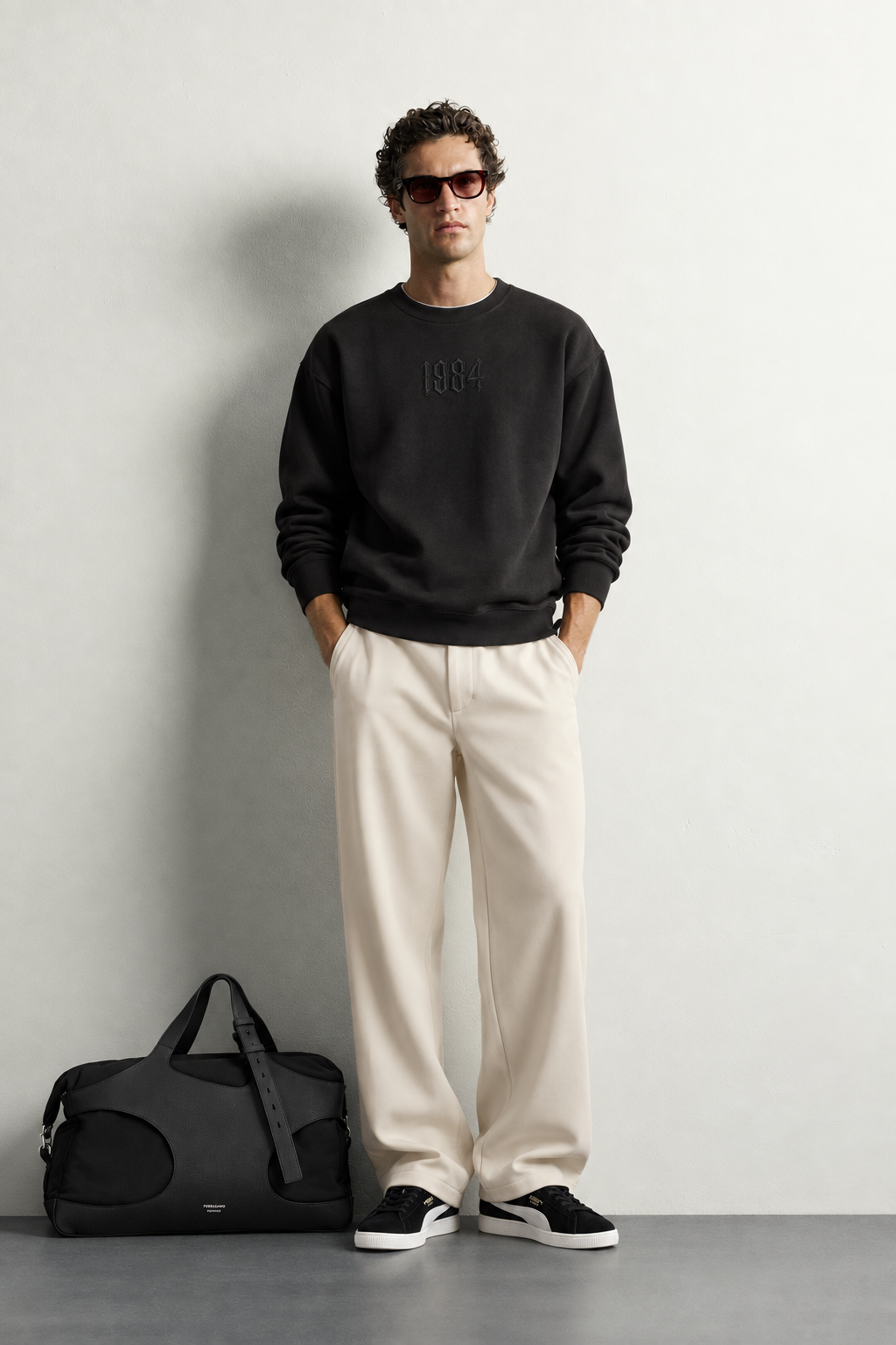 Erkek Ön ve Sırt Kabartma Nakış Detaylı Bisiklet Yaka Oversize Sweatshirt