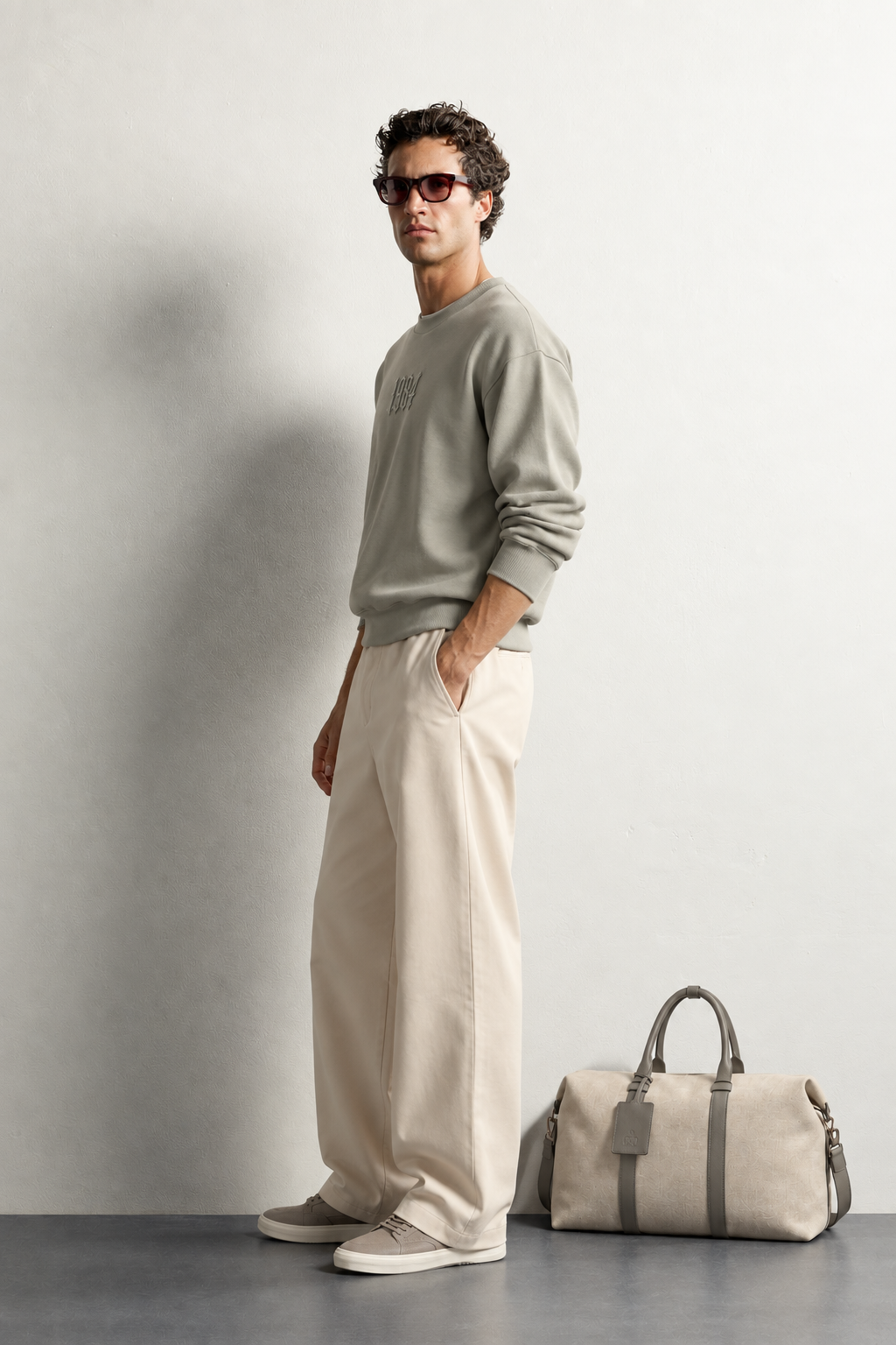 Erkek Ön ve Sırt Kabartma Nakış Detaylı Bisiklet Yaka Oversize Sweatshirt