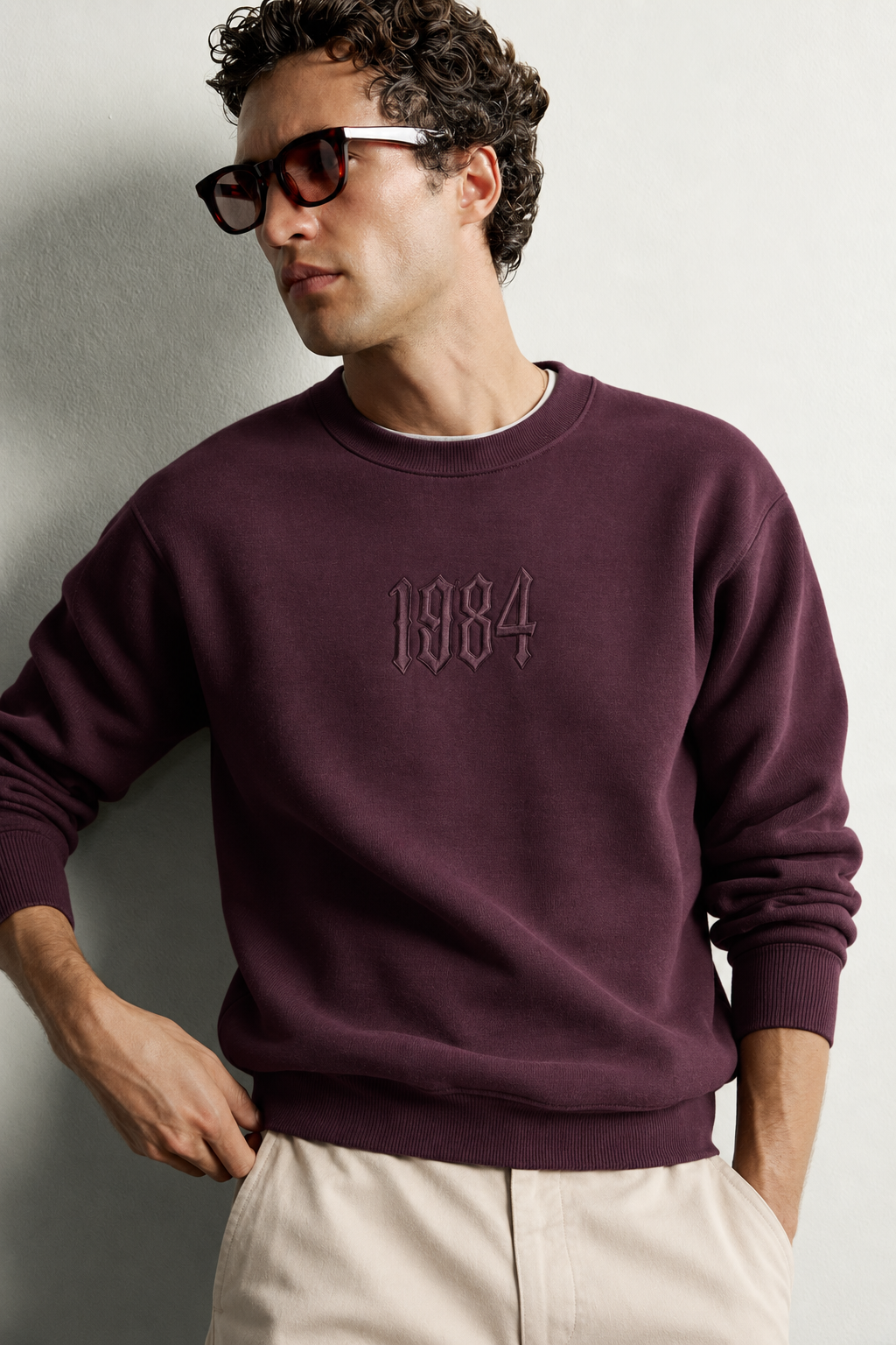 Erkek Ön ve Sırt Kabartma Nakış Detaylı Bisiklet Yaka Oversize Sweatshirt