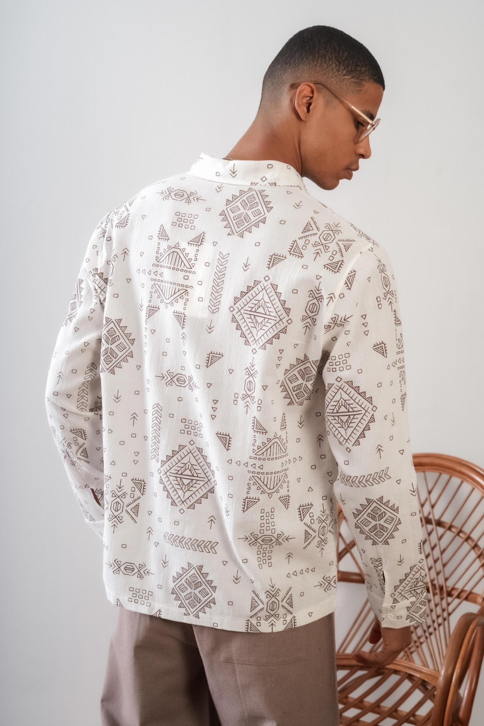 Erkek Oversize Kalıp Desenli Keten Gömlek