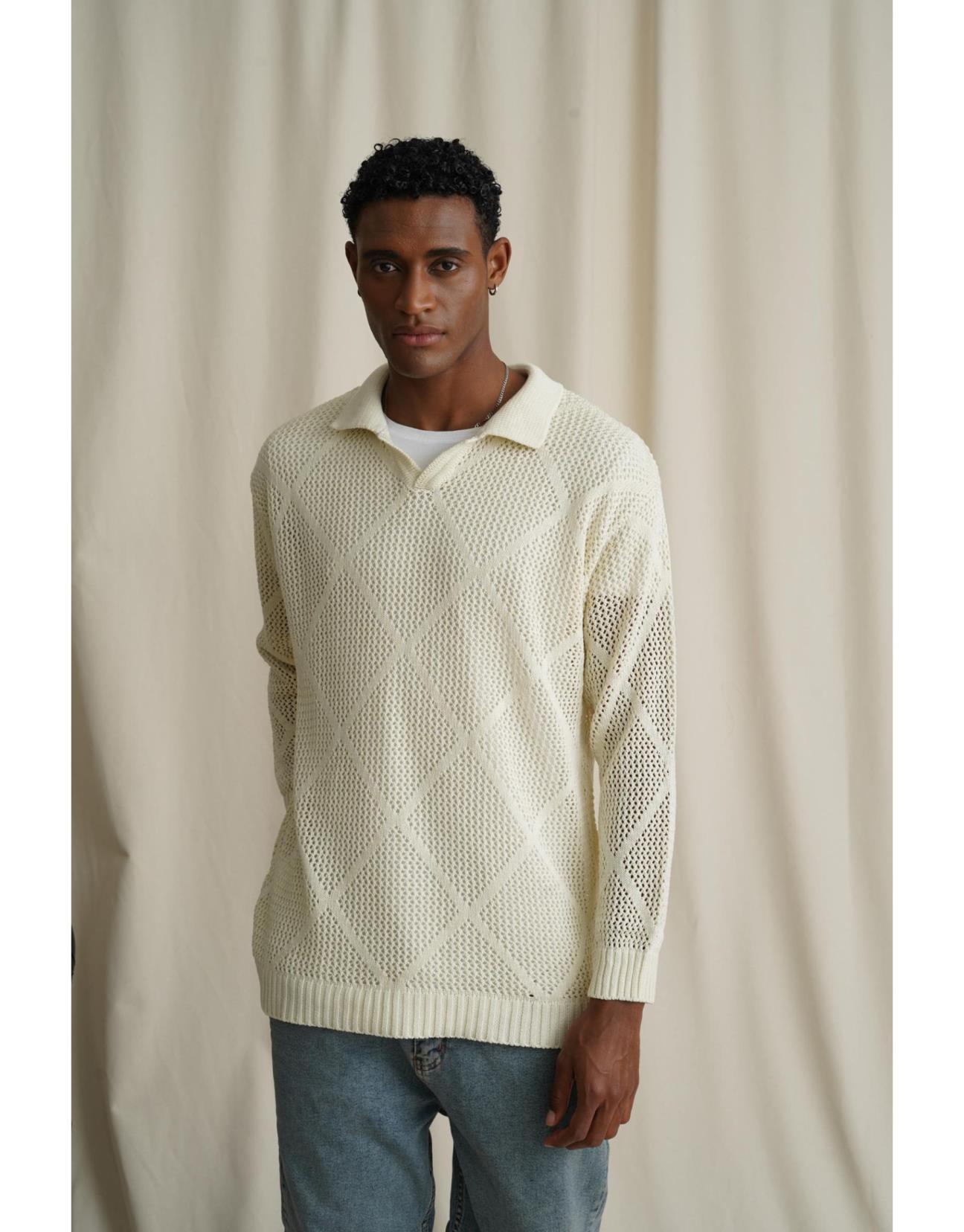 Erkek Polo Yaka Örgülü Oversize Kalıp Triko Kazak