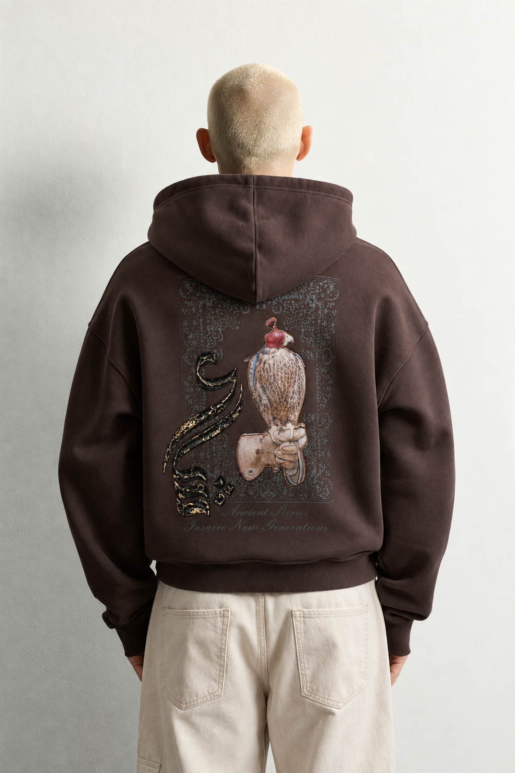 Erkek Şardonlu Şahin Figürlü Kapüşonlu Oversize Sweatshirt