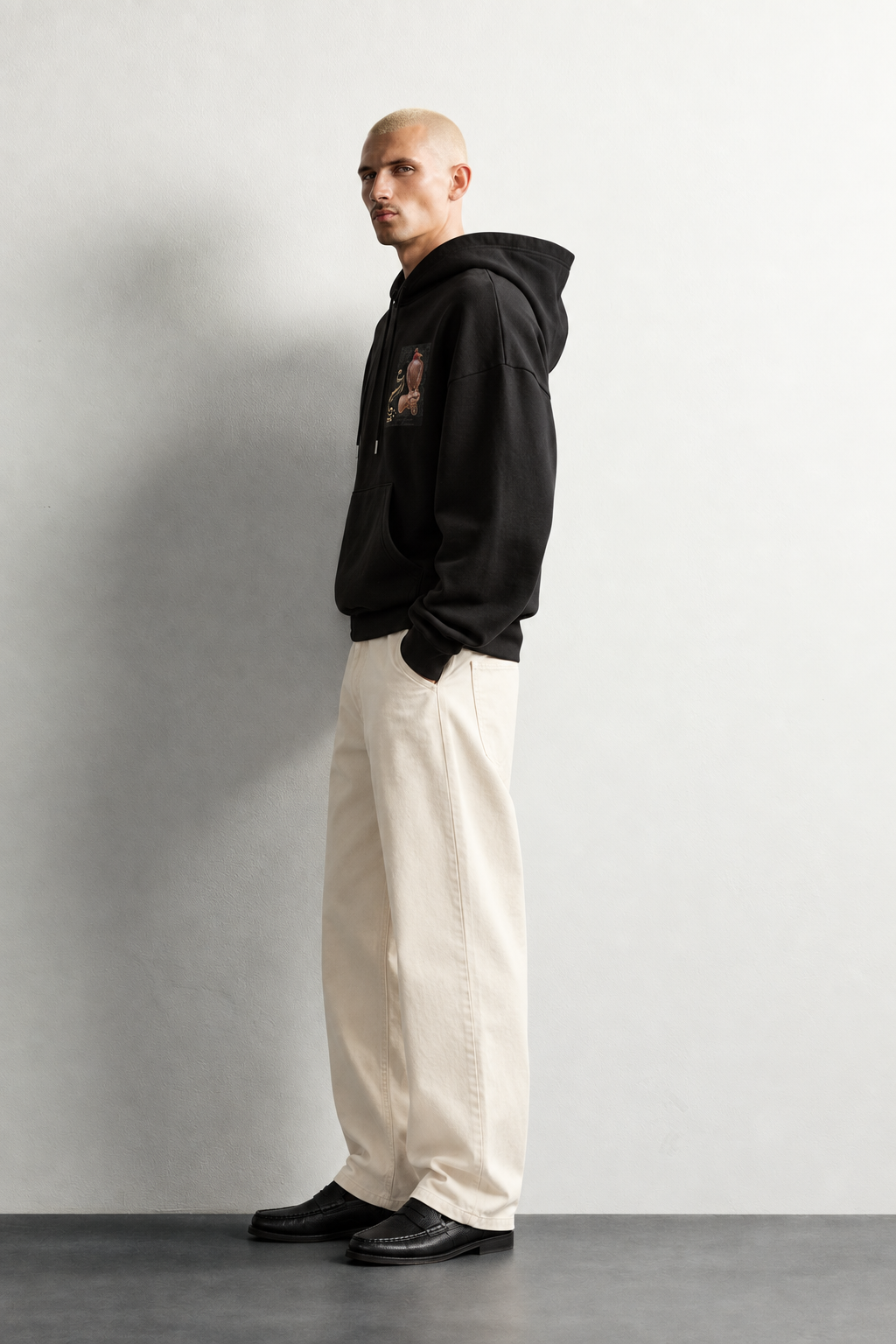 Erkek Şardonlu Şahin Figürlü Kapüşonlu Oversize Sweatshirt