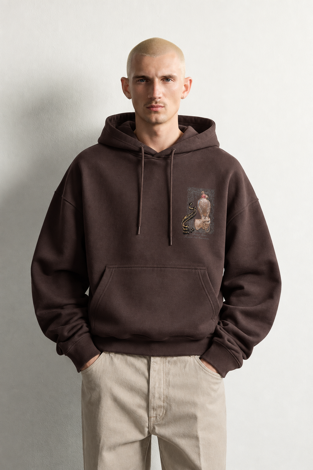 Erkek Şardonlu Şahin Figürlü Kapüşonlu Oversize Sweatshirt