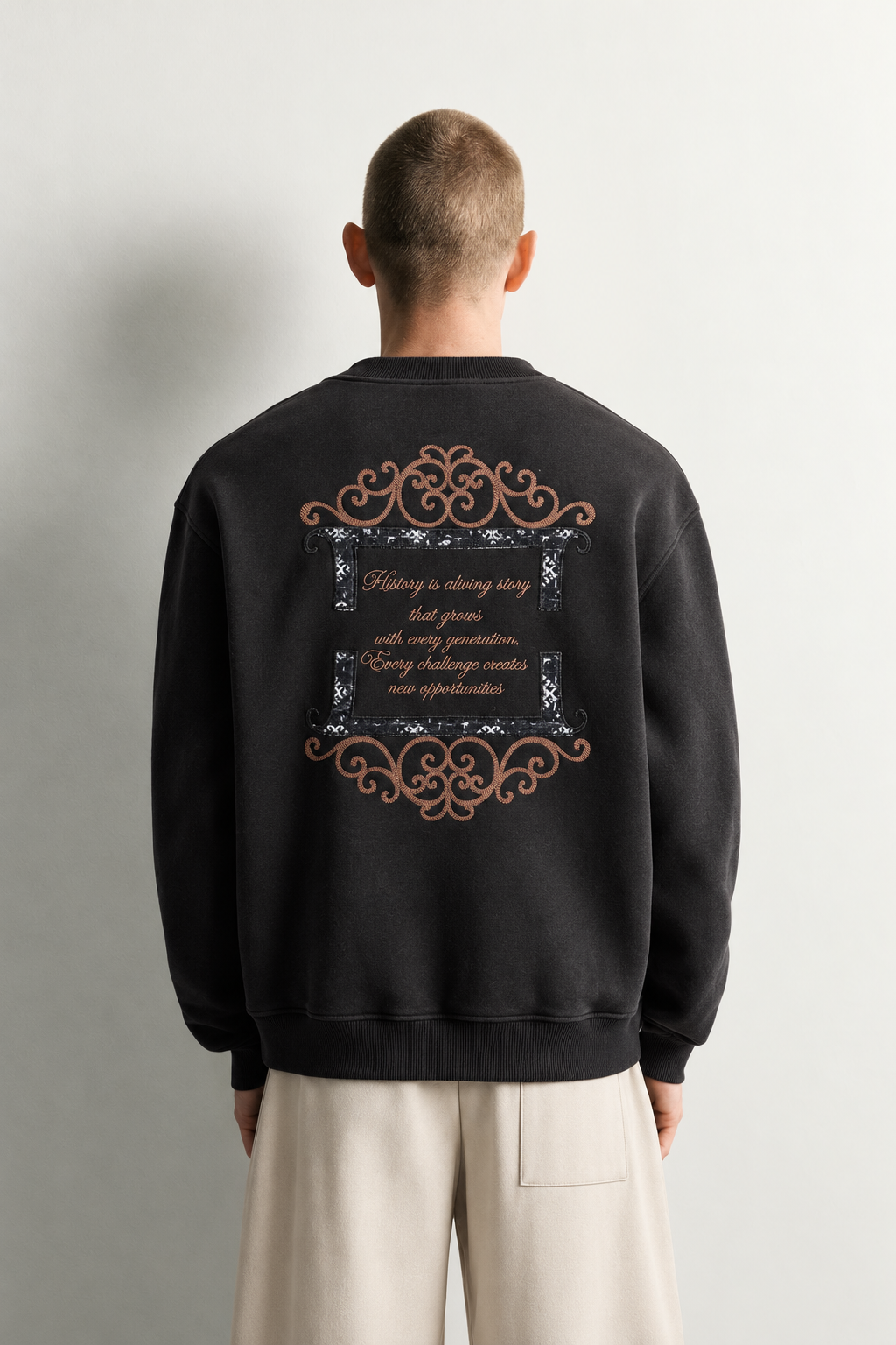 Erkek Sırt Çerçeve Baskılı Şardonlu Bisiklet Yaka Oversize Sweatshirt