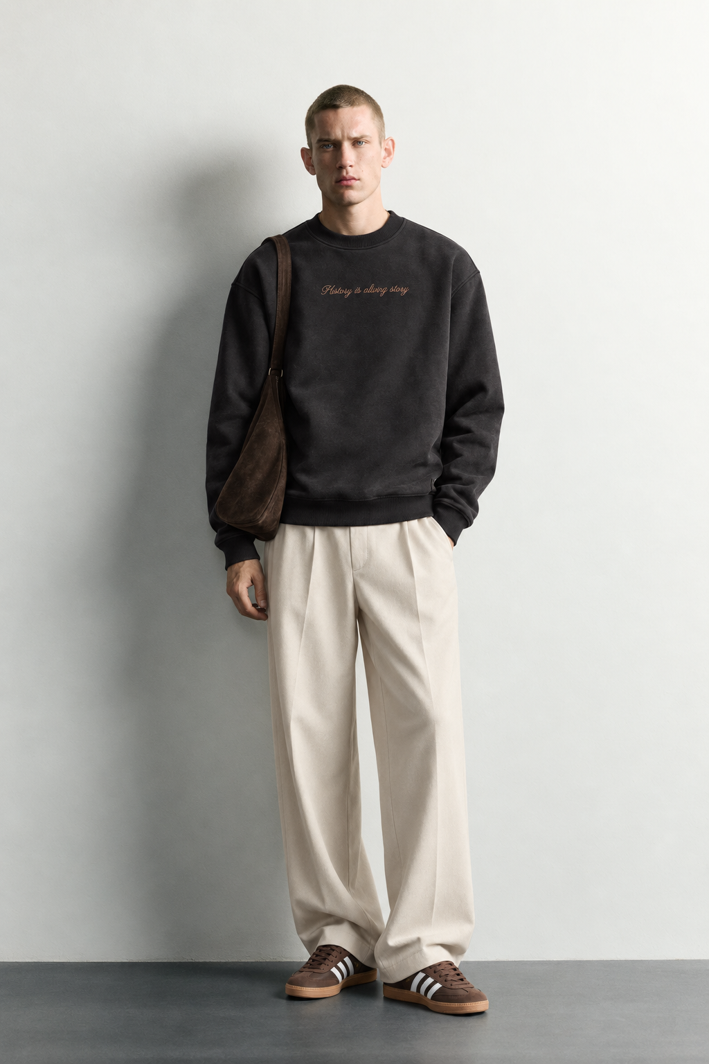Erkek Sırt Çerçeve Baskılı Şardonlu Bisiklet Yaka Oversize Sweatshirt