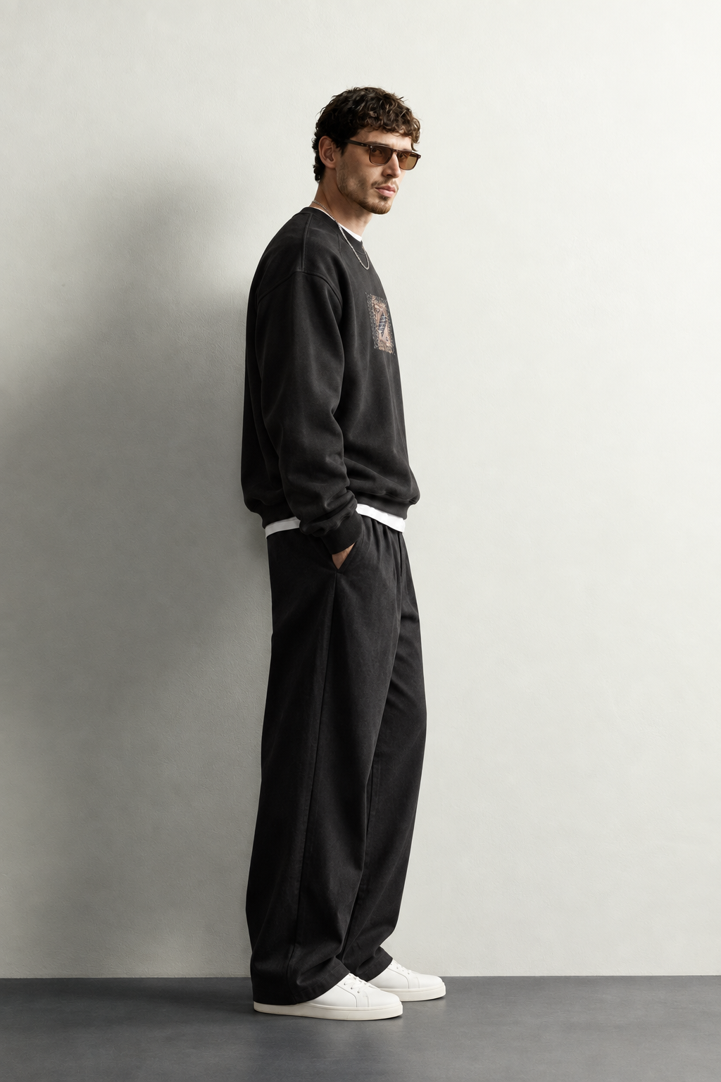 Erkek Sırt ve Göğüs Etnik Desen Patch Baskılı Bisiklet Yaka Oversize Sweatshirt