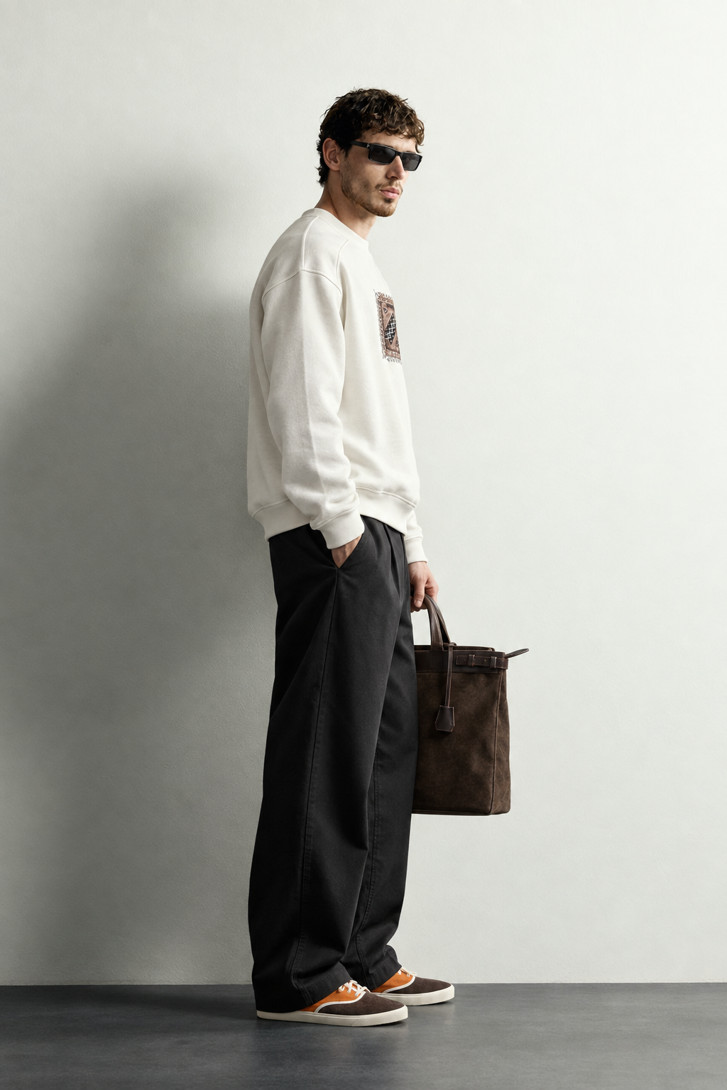 Erkek Sırt ve Göğüs Etnik Desen Patch Baskılı Bisiklet Yaka Oversize Sweatshirt