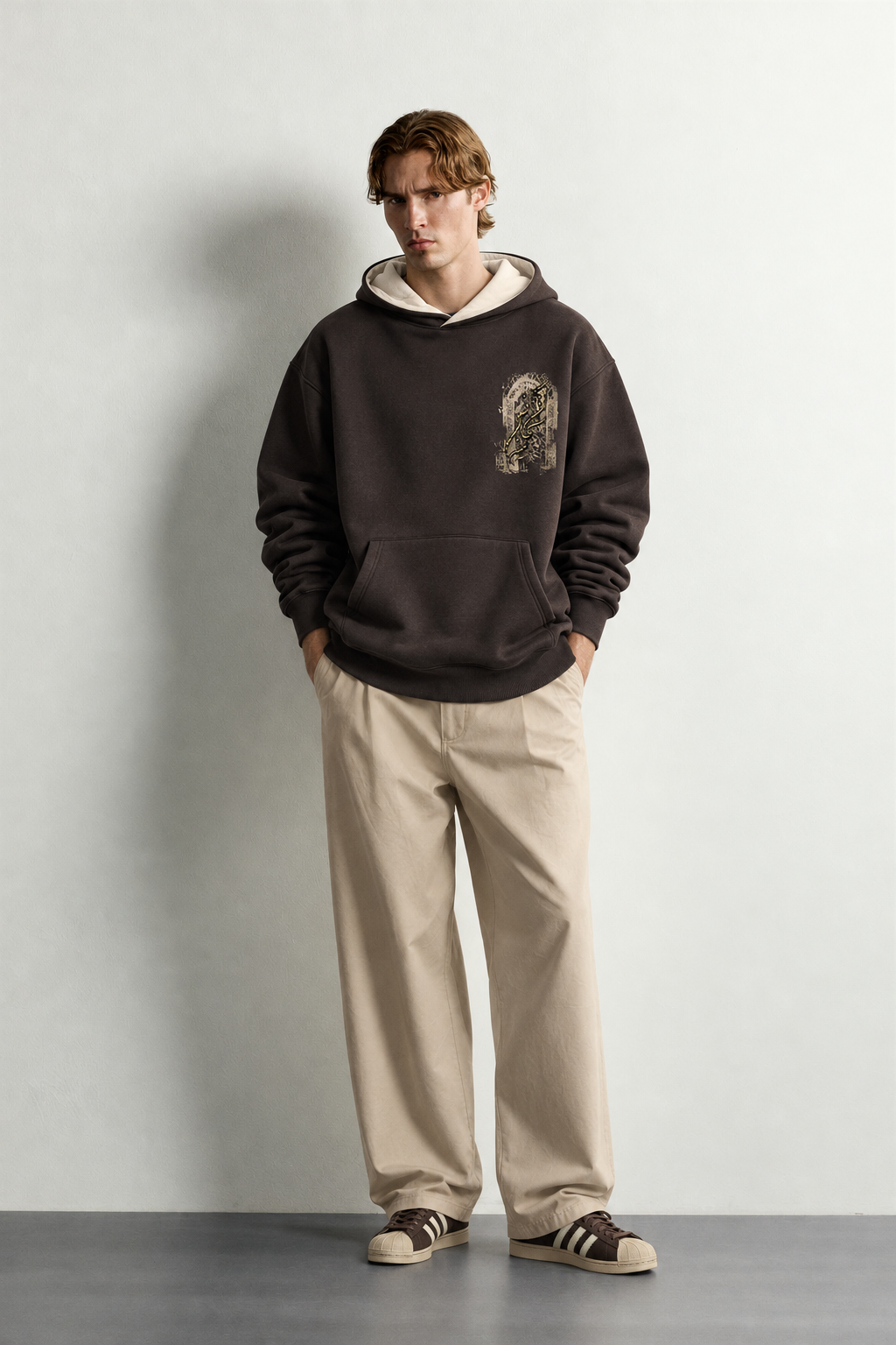 Erkek Van Gogh Patch Baskılı Şardonlu Kapüşonlu Oversize Sweatshirt
