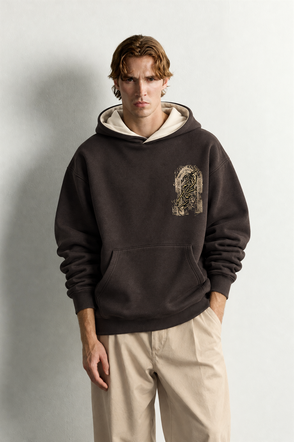 Erkek Van Gogh Patch Baskılı Şardonlu Kapüşonlu Oversize Sweatshirt