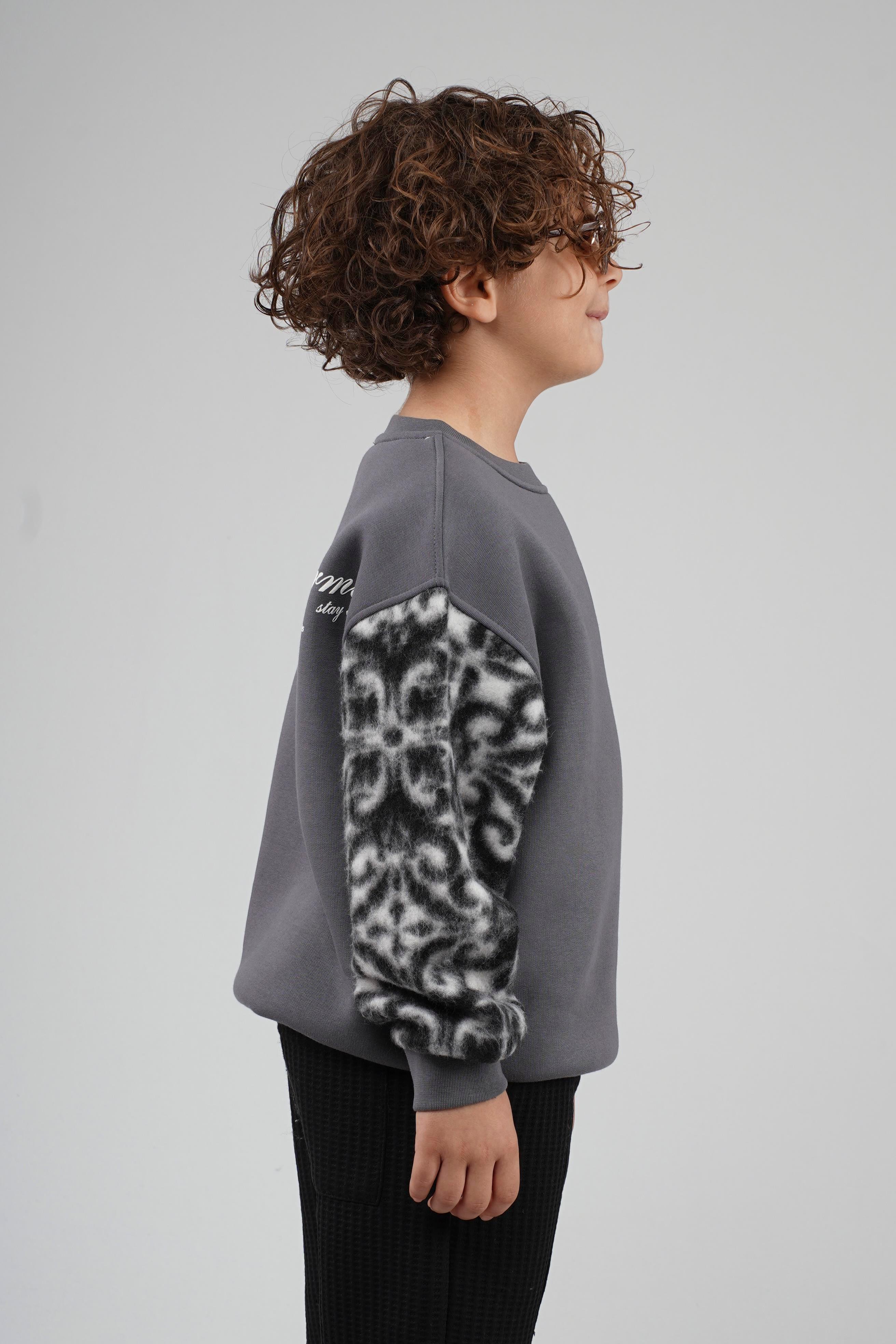 Kingbrich Kids Bisiklet Yaka Kolu Garnili Baskılı Çocuk Sweatshirt