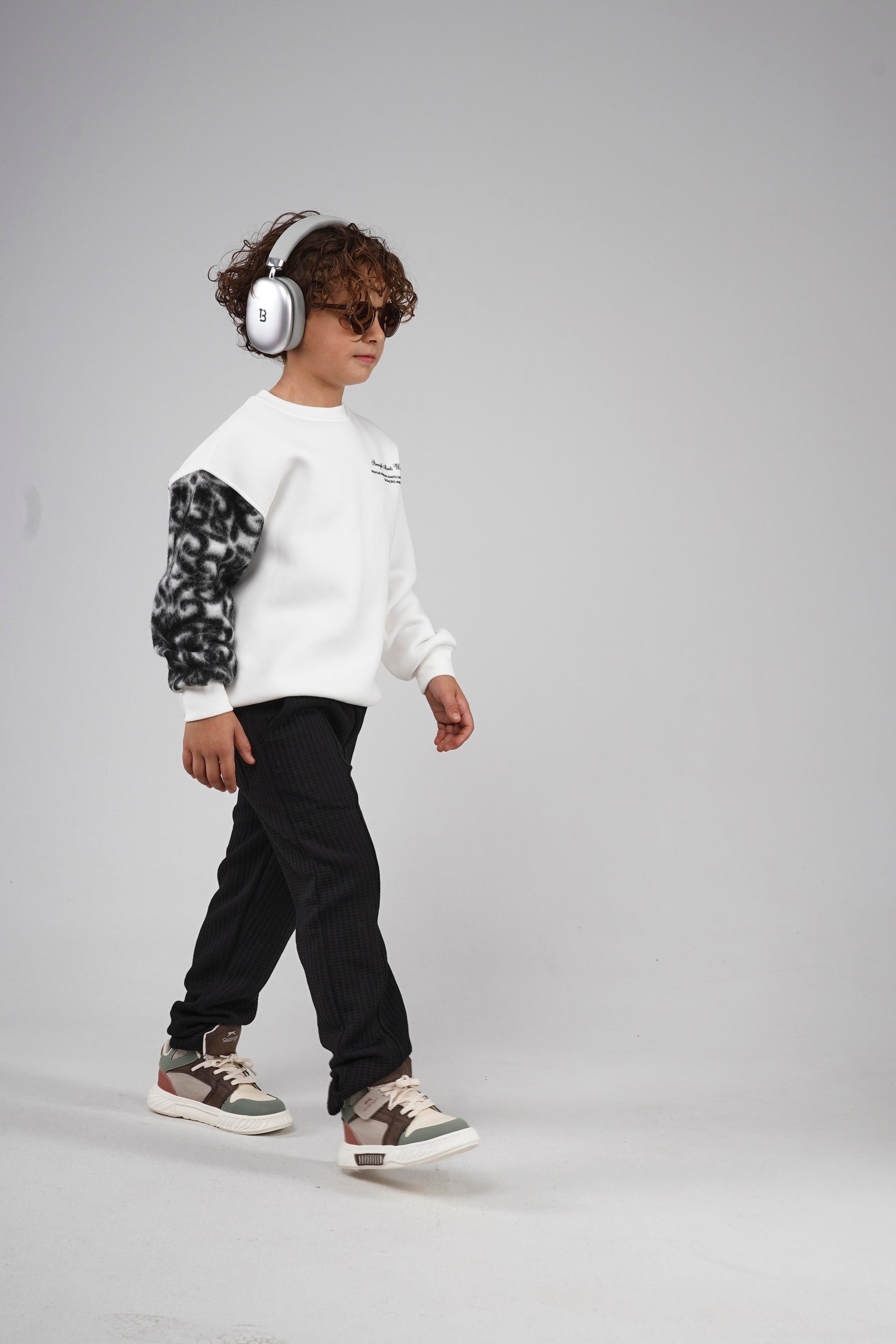 Kingbrich Kids Bisiklet Yaka Kolu Garnili Baskılı Çocuk Sweatshirt