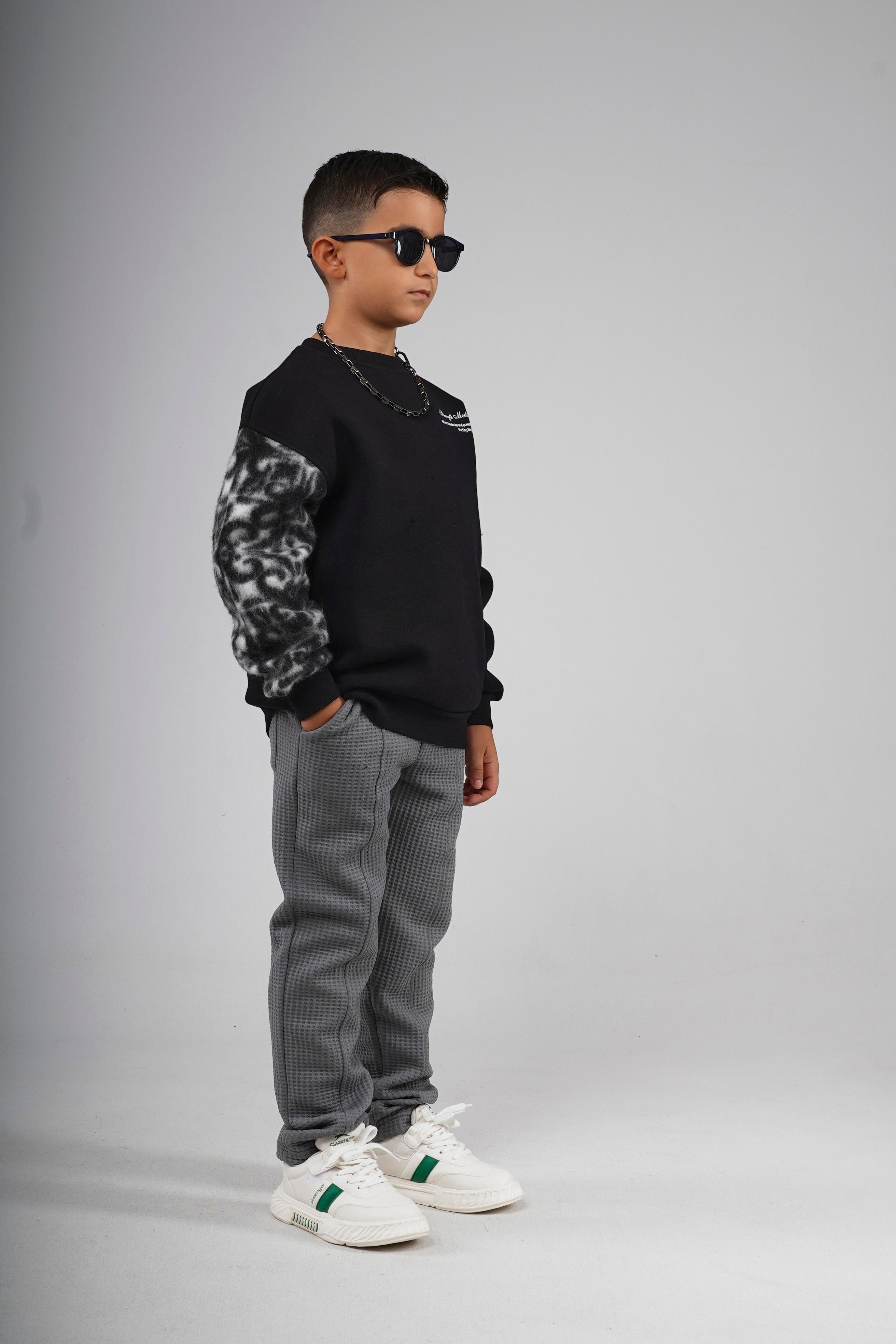 Kingbrich Kids Bisiklet Yaka Kolu Garnili Baskılı Çocuk Sweatshirt