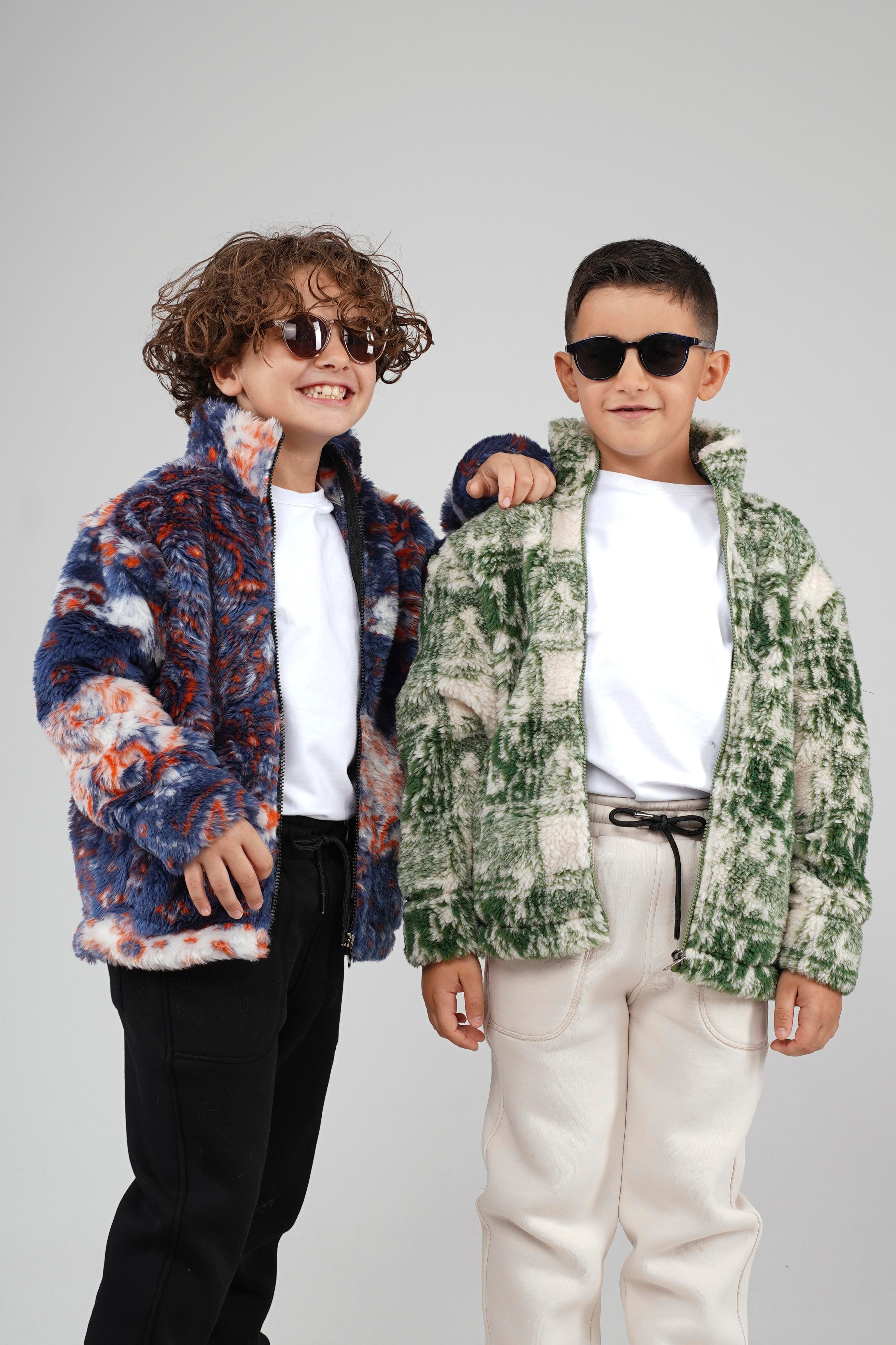 Kingbrich Kids Dik Yaka Fermuarlı Desenli Çocuk Polar