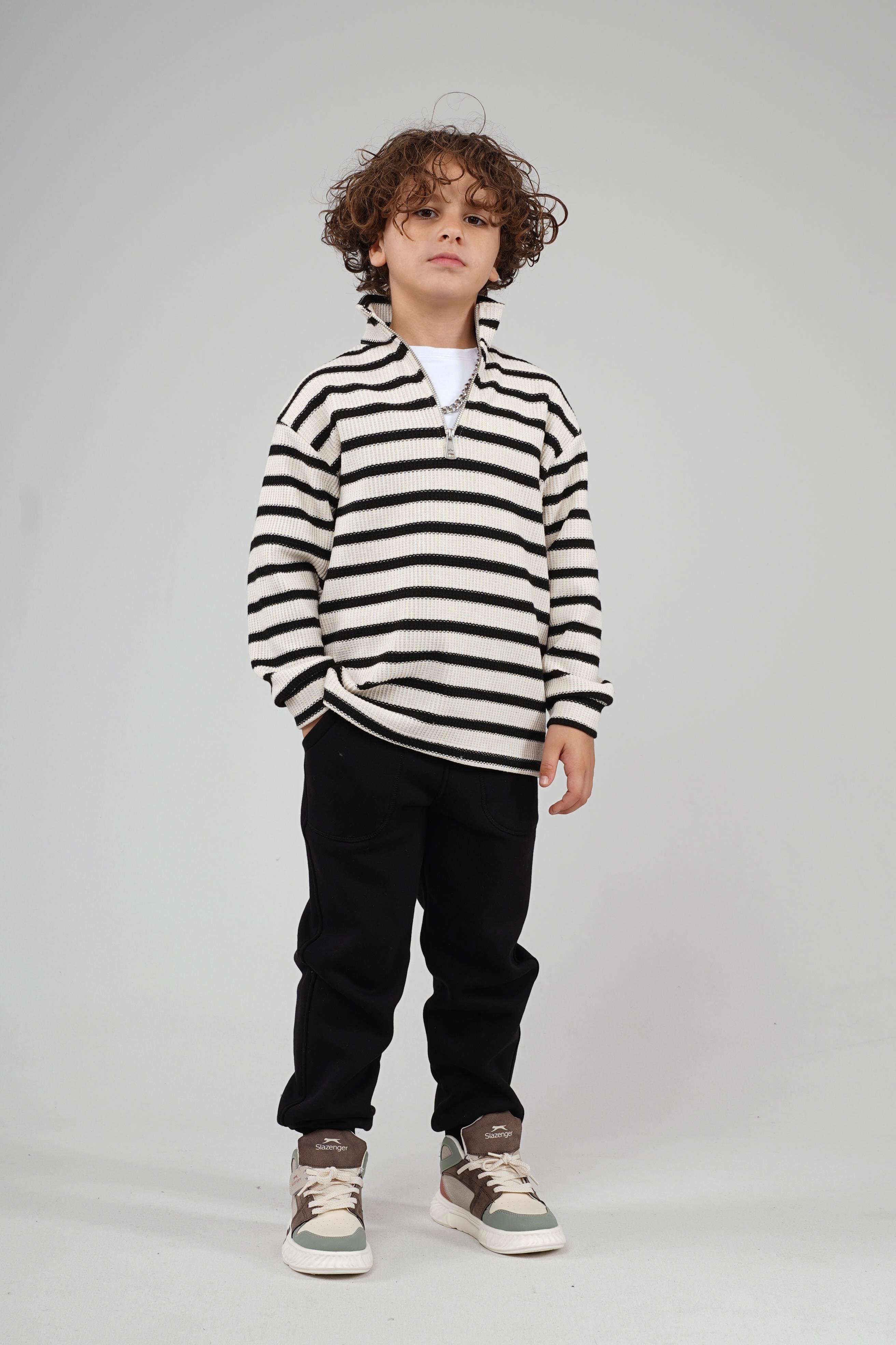Kingbrich Kids Oversize Kalıp Çizgili Yakası Fermuarlı Sweatshirt