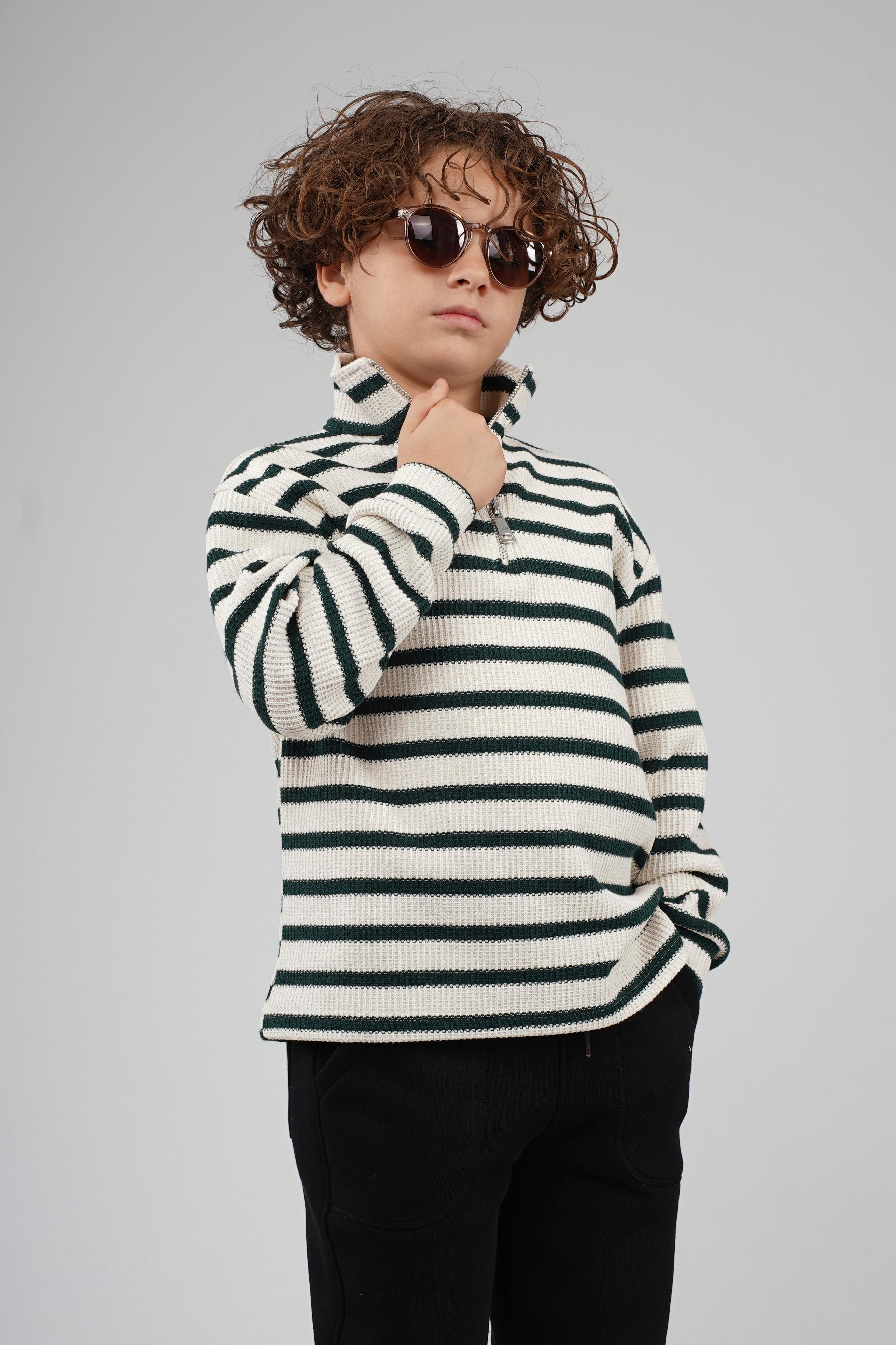 Kingbrich Kids Oversize Kalıp Çizgili Yakası Fermuarlı Sweatshirt