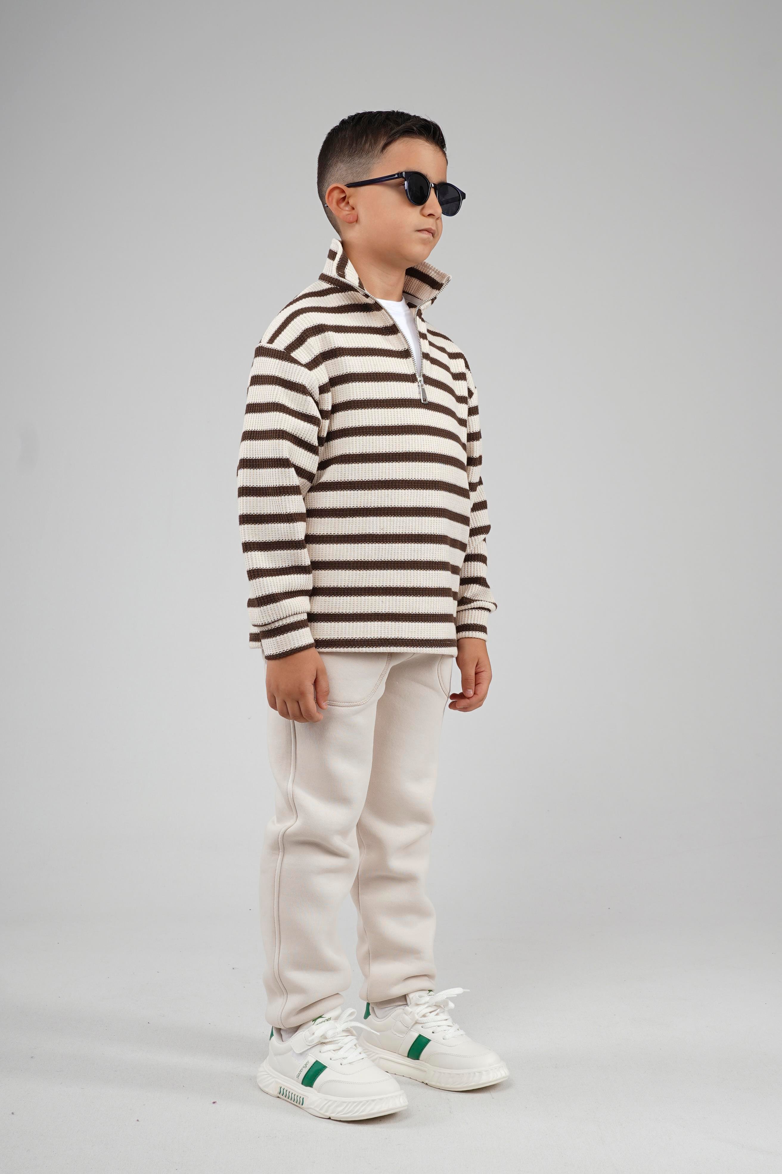 Kingbrich Kids Oversize Kalıp Çizgili Yakası Fermuarlı Sweatshirt
