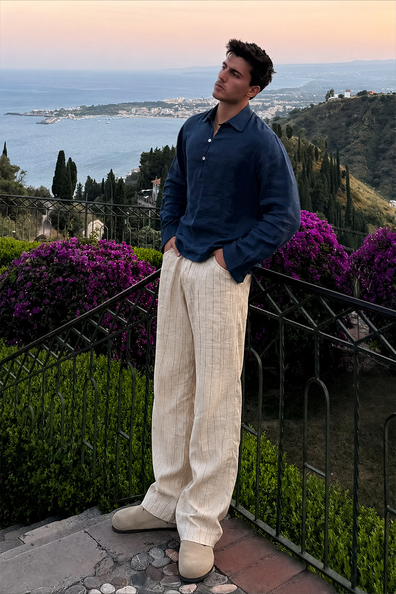 Pileli Baggy Fit Kalıp Pamuklu Keten Çizgili Pantolon