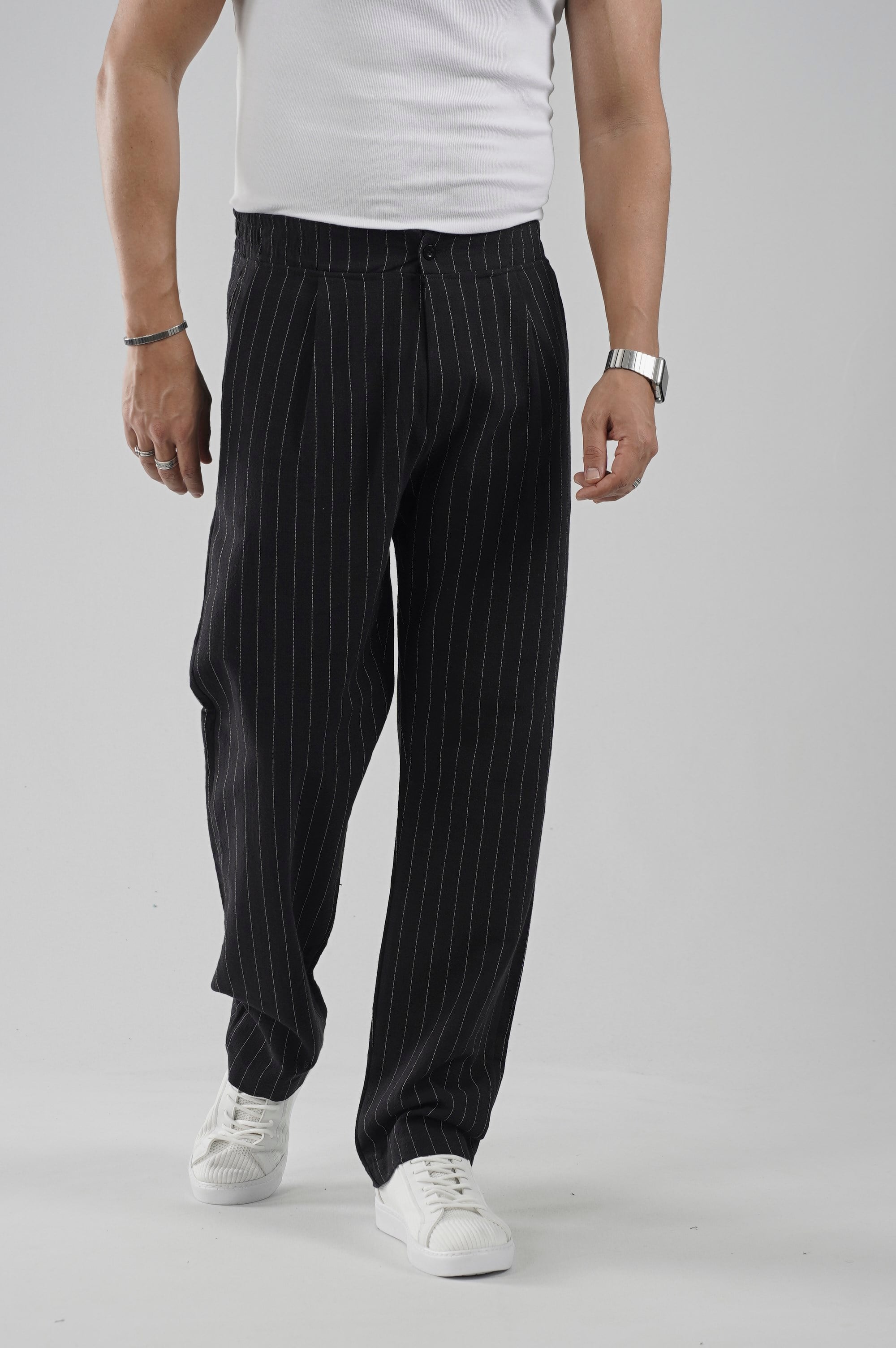 Pileli Baggy Fit Kalıp Pamuklu Keten Çizgili Pantolon