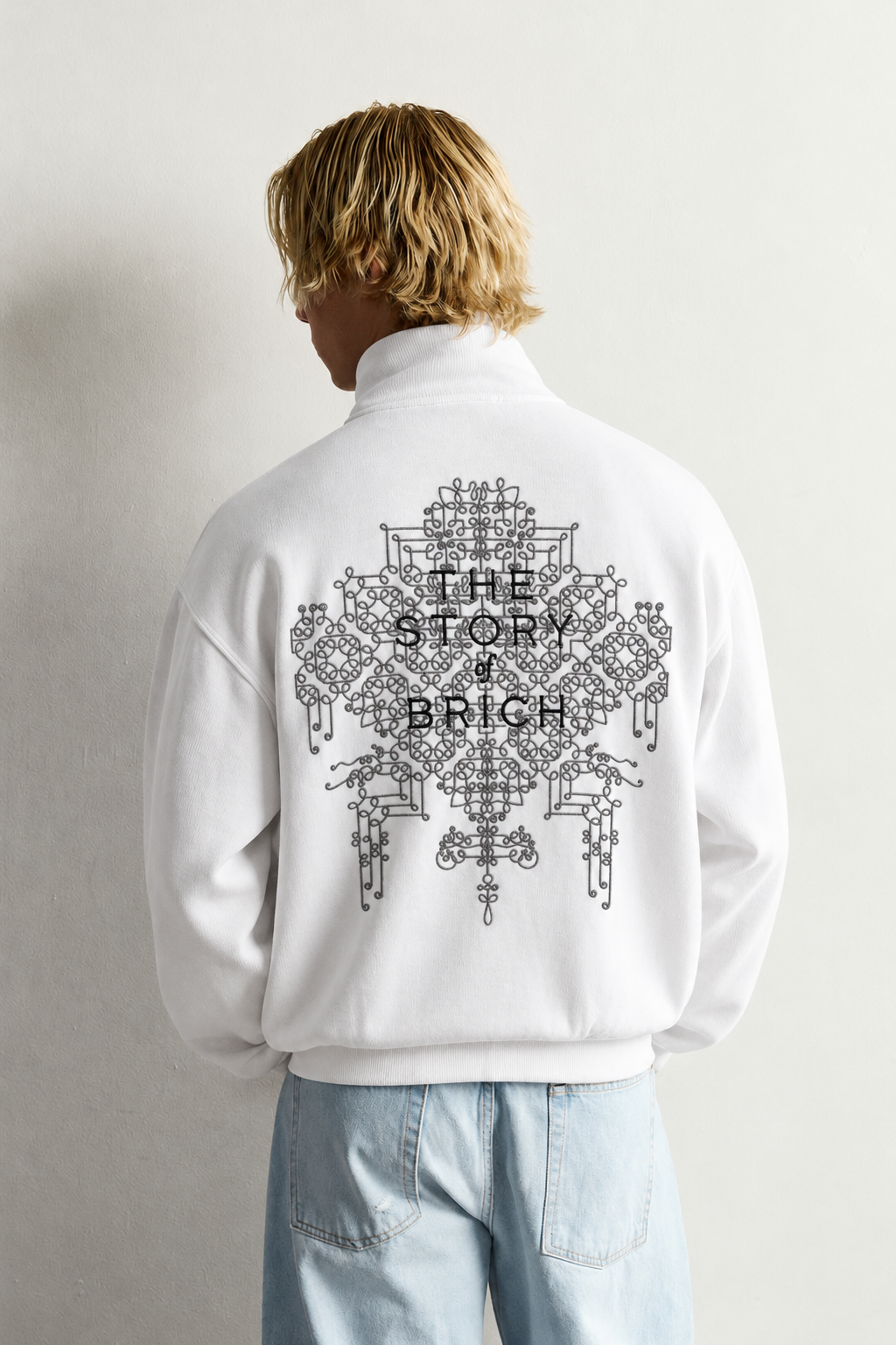 Yarım Fermuarlı Dik Yaka Nakışlı Şardonlu Oversize Sweatshirt