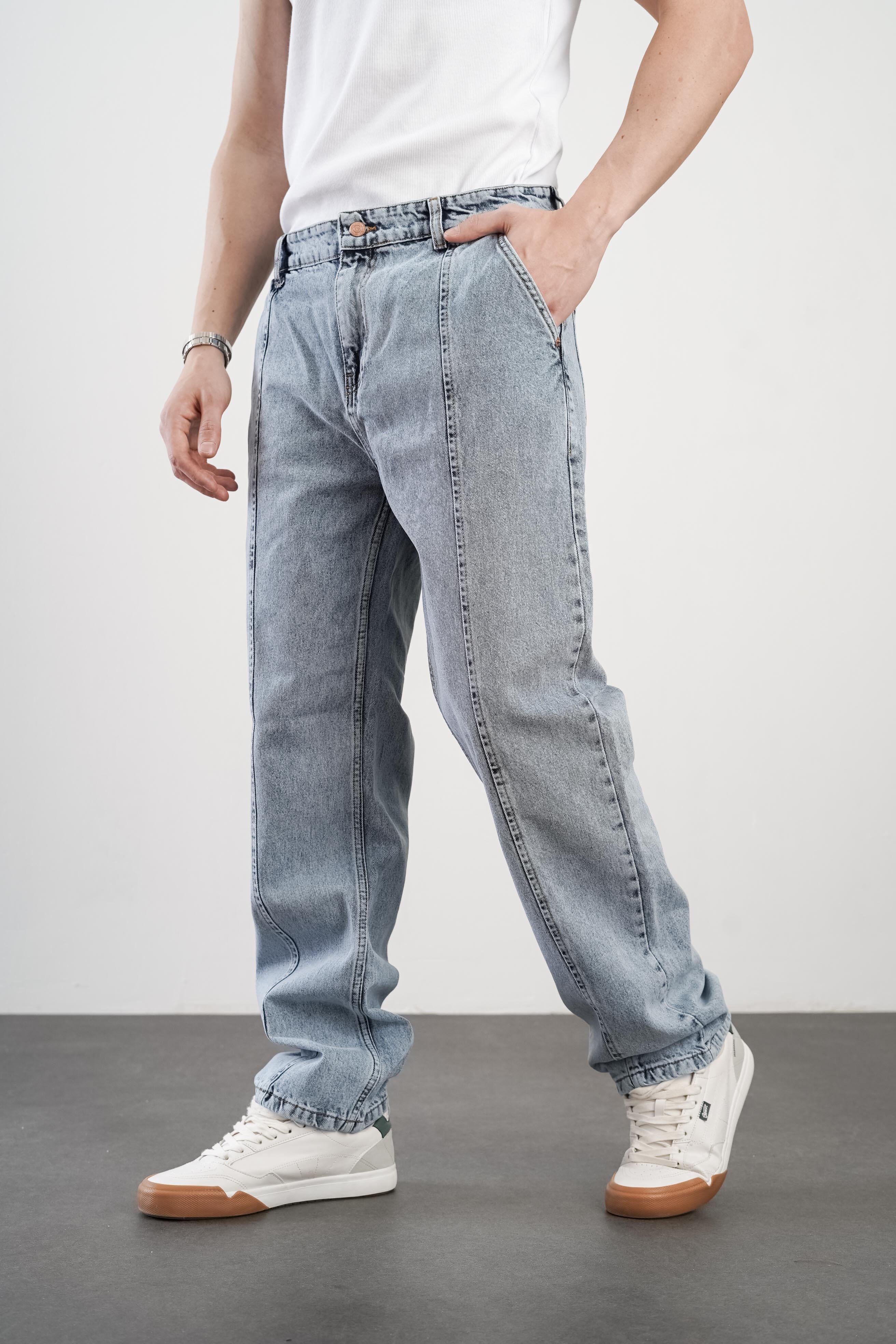 Yüksek Bel Önü Dikiş Detaylı Baggy Kalıp Erkek Bol Kesim Jean