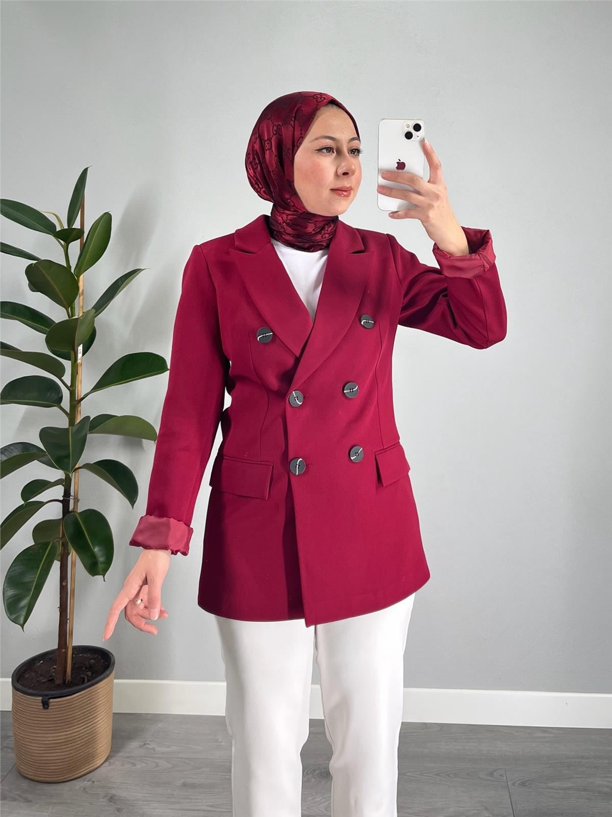Astarlı Düğmeli Blazer Ceket Bordo