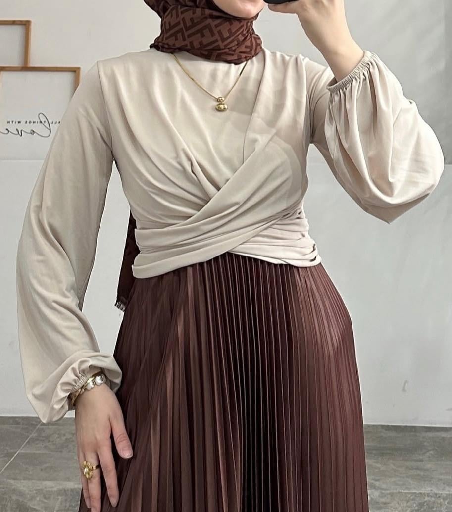 Çift Drapeli Çapraz Bluz Taş