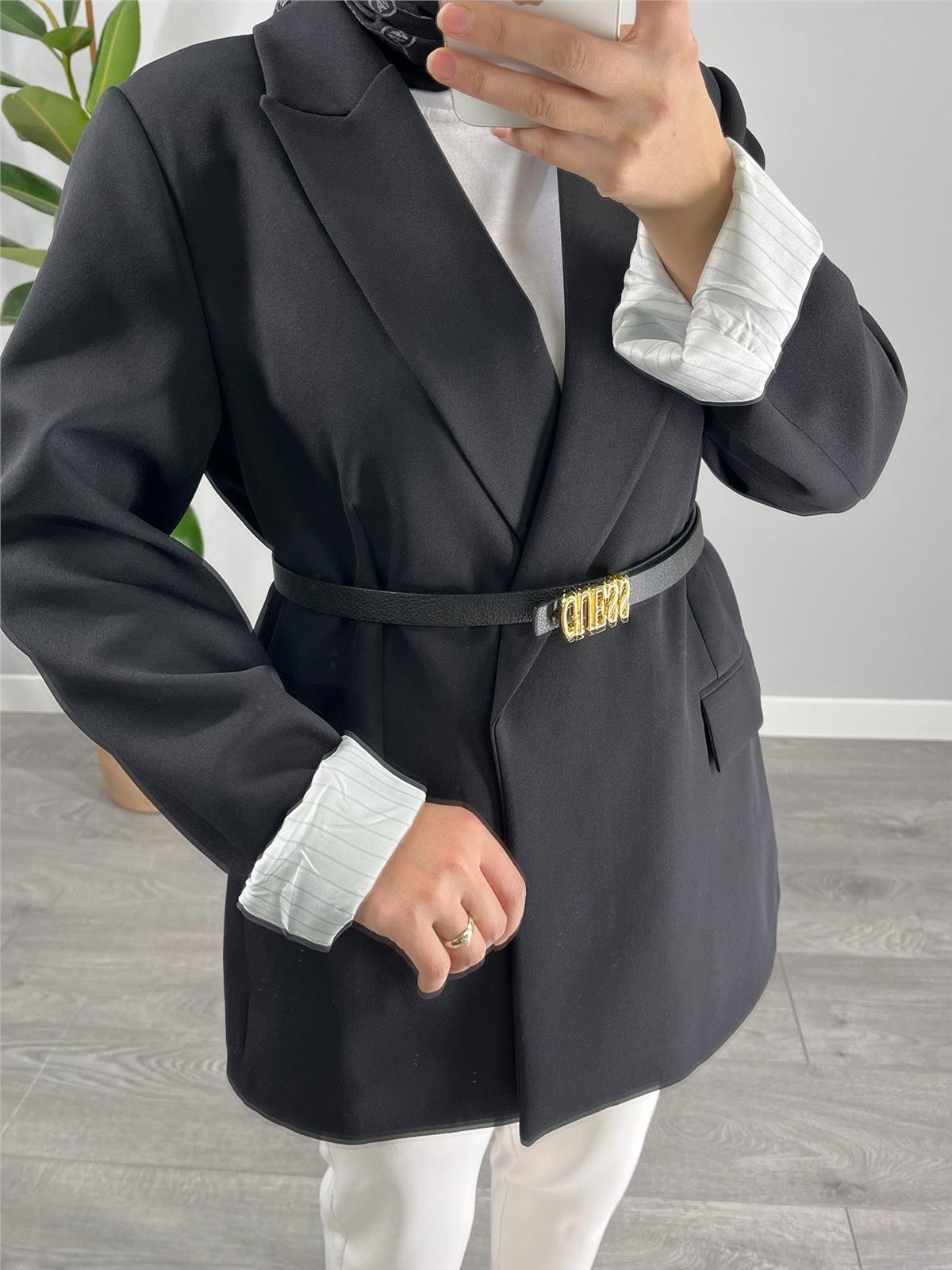 Çizgili Astarlı Blazer Ceket Siyah