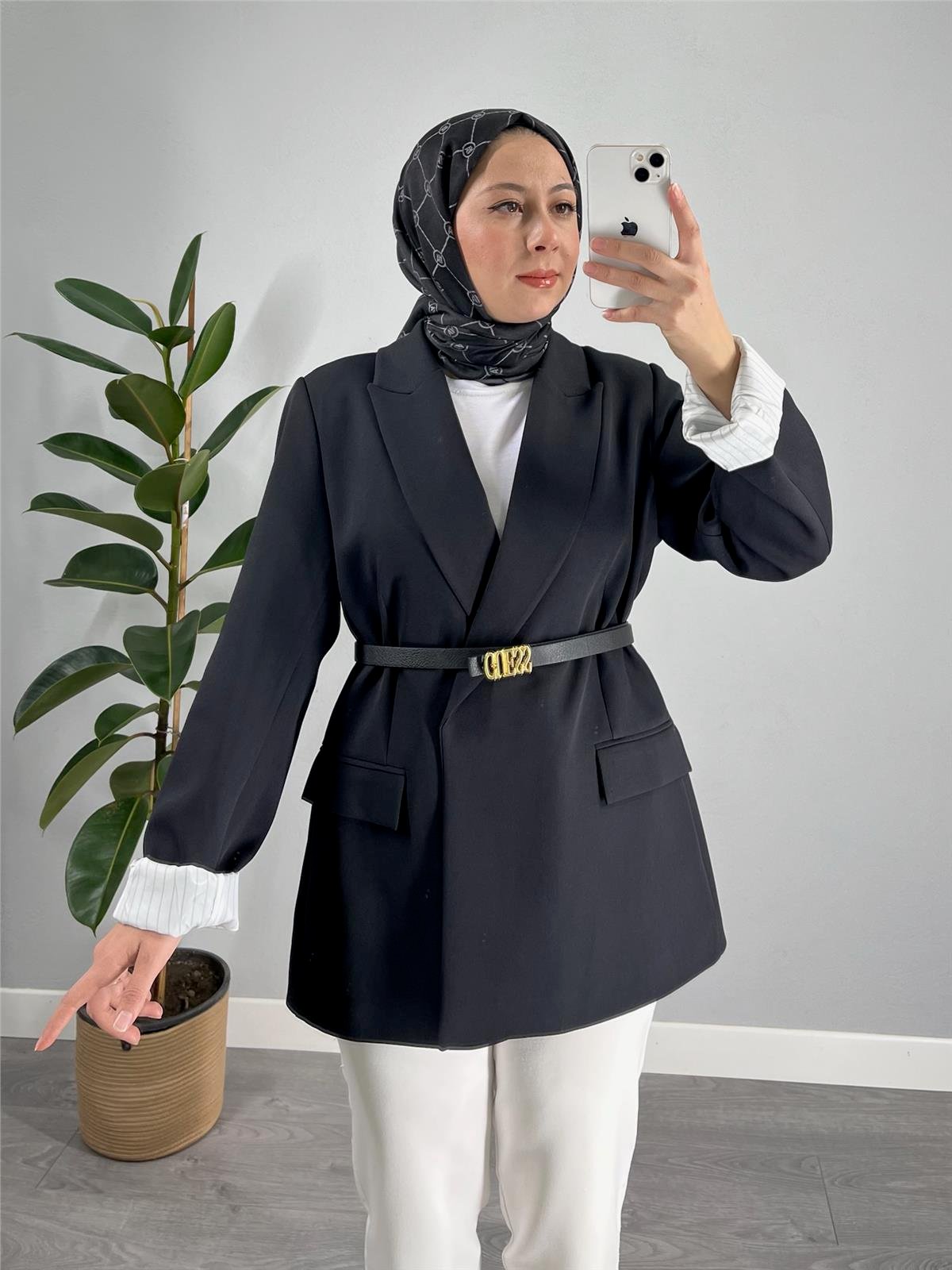 Çizgili Astarlı Blazer Ceket Siyah