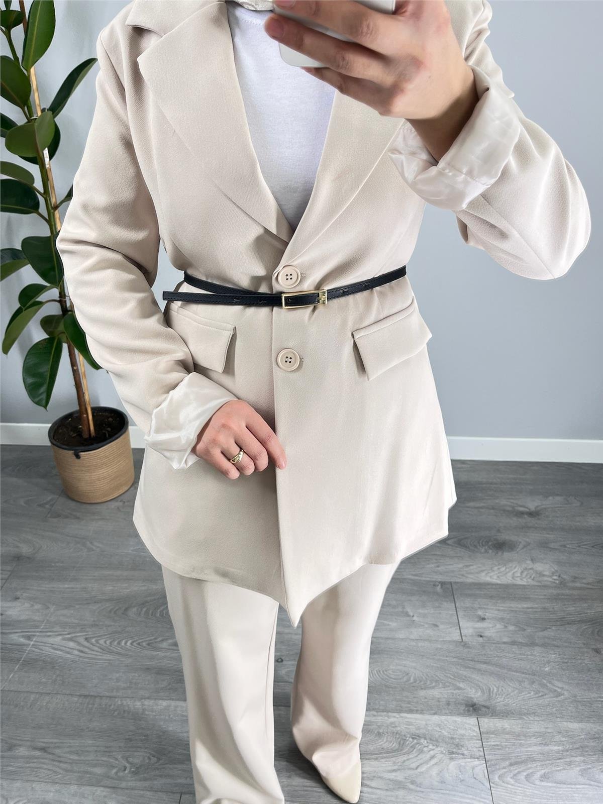 Düğmeli Blazer Ceket Pantolon Takım Krem