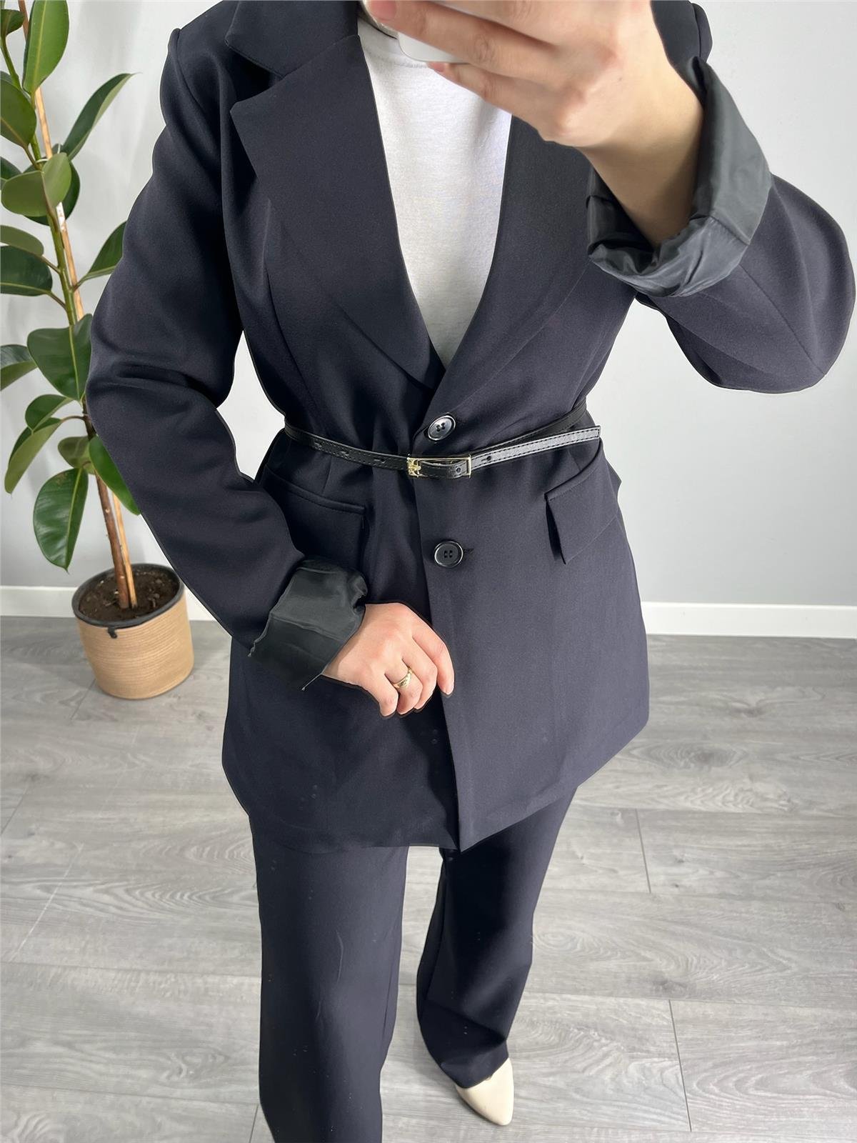 Düğmeli Blazer Ceket Pantolon Takım Siyah